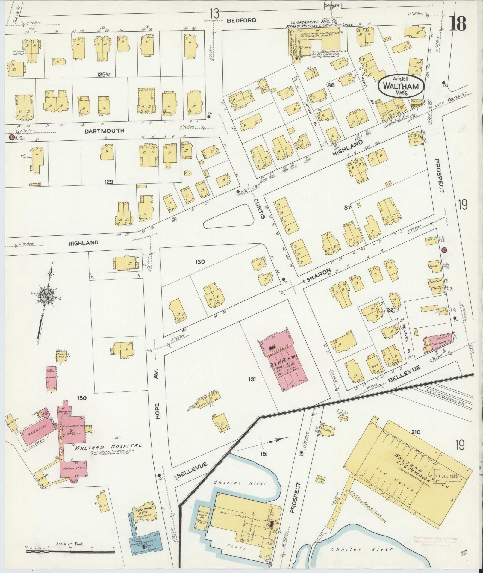 Sanborn Fire Insurance Map from Waltham, Middlesex County, Massachusetts (1911), Sheet #0018 - Historic Sanborn Fire Insurance Map Print, vintage old map wall art, antique decor, genealogy gift, Massachusetts Massachusetts map