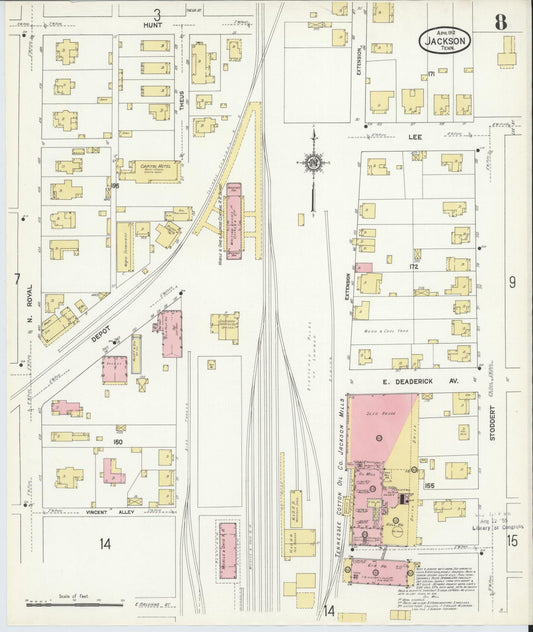 Sanborn Fire Insurance Map from Jackson, Madison County, Tennessee (1912), Sheet #0008 - Historic Sanborn Fire Insurance Map Print, vintage old map wall art, antique decor, genealogy gift, Tennessee Tennessee map