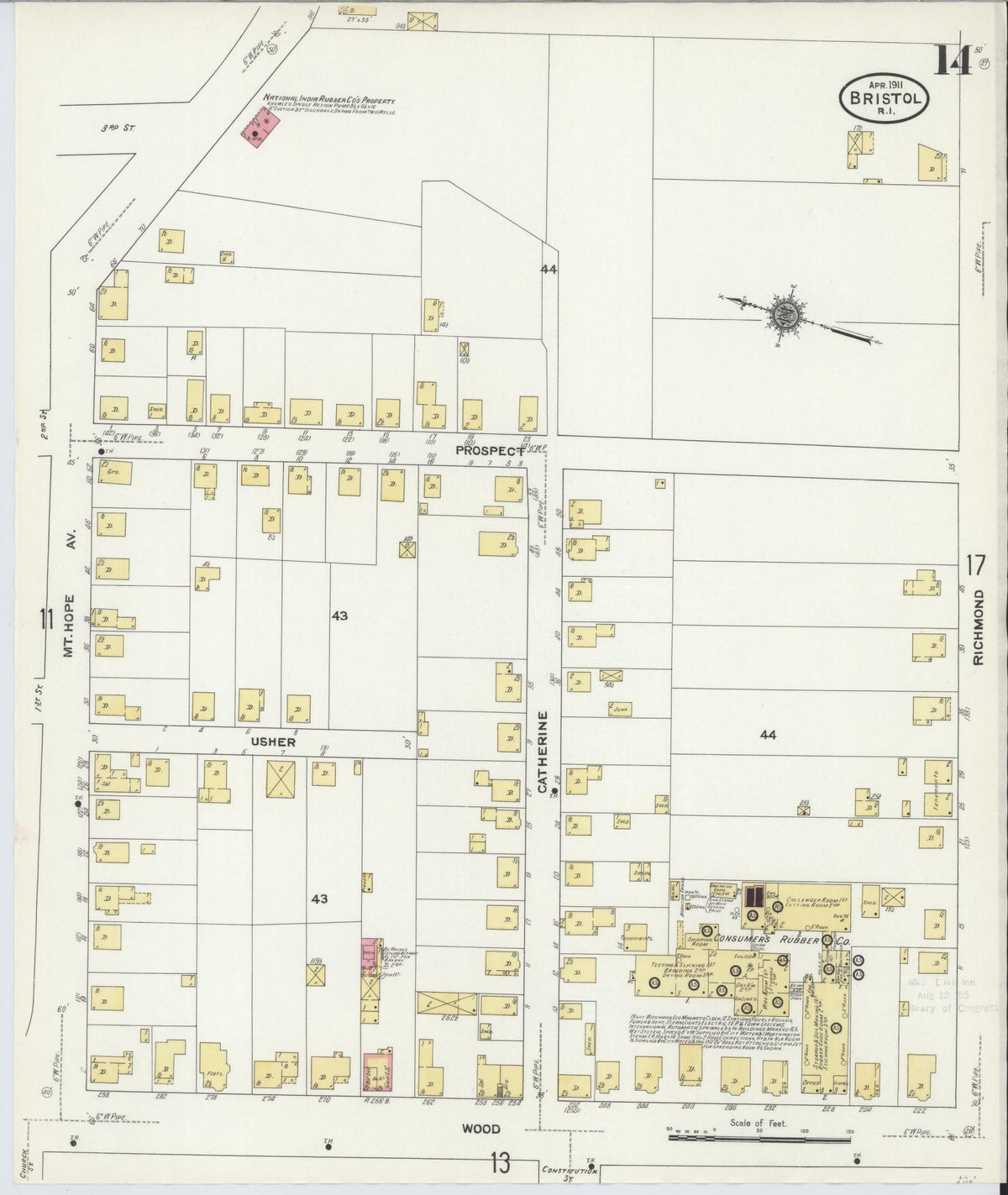 Sanborn Fire Insurance Map from Bristol, Bristol County, Rhode Island (1911), Sheet #0014 - Historic Sanborn Fire Insurance Map Print, vintage old map wall art, antique decor, genealogy gift, Rhode Island Rhode Island map