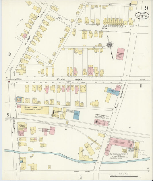 Sanborn Fire Insurance Map from Lititz, Lancaster County, Pennsylvania (1912), Sheet #0009 - Historic Sanborn Fire Insurance Map Print, vintage old map wall art, antique decor, genealogy gift, Pennsylvania Pennsylvania map