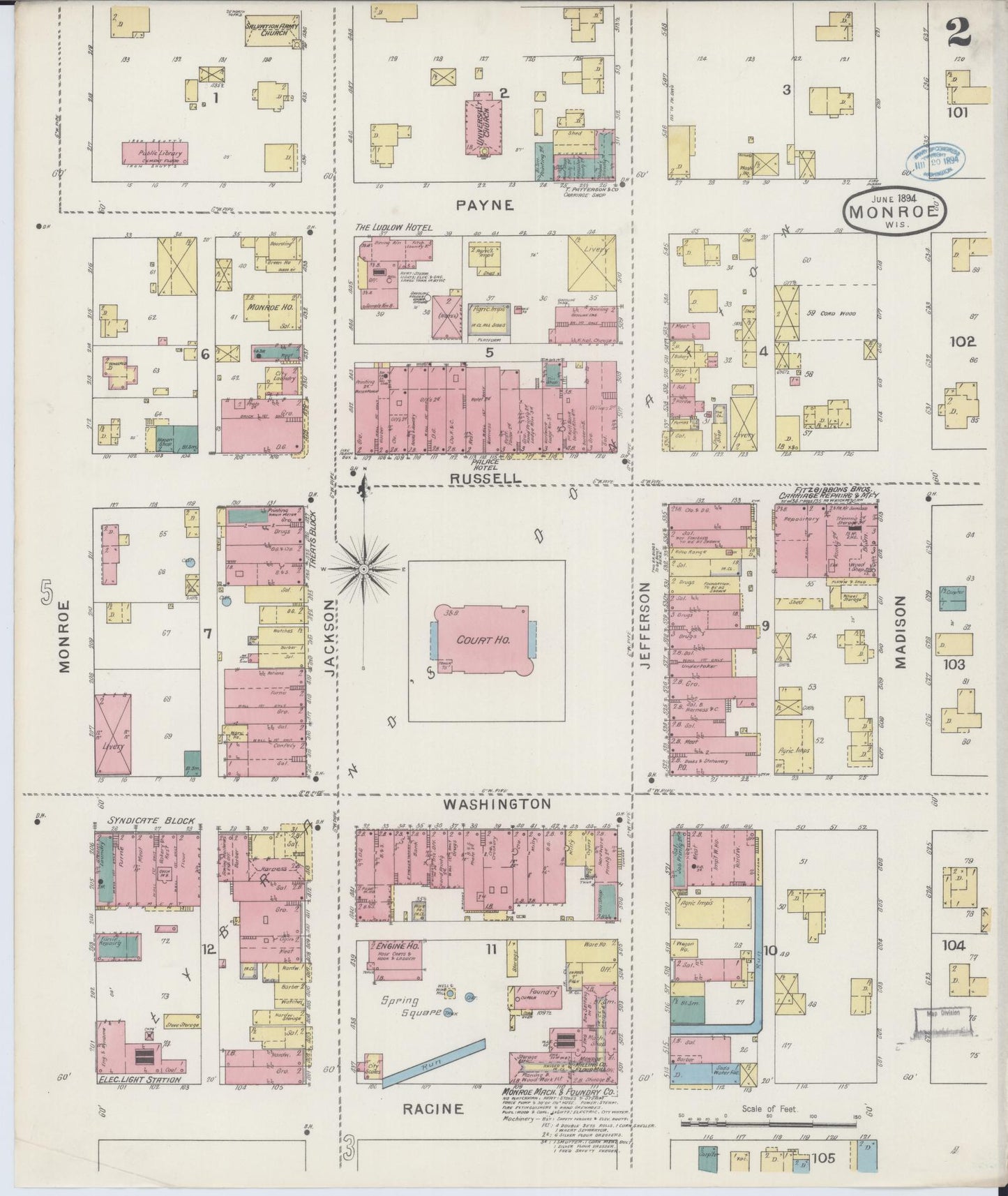 Sanborn Fire Insurance Map from Monroe, Green County, Wisconsin (1894), Sheet #0002 - Historic Sanborn Fire Insurance Map Print, vintage old map wall art, antique decor, genealogy gift, Wisconsin Wisconsin map
