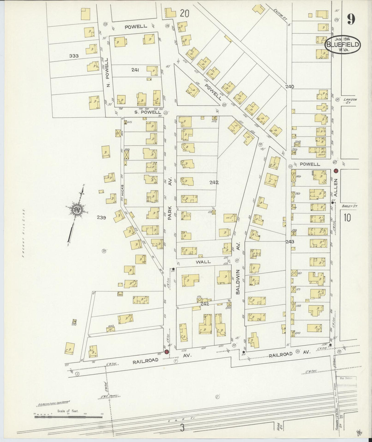 Sanborn Fire Insurance Map from Bluefield, Mercer County, West Virginia (1914), Sheet #0009 - Complete Map Set gallery image, historic Sanborn map, vintage wall art, West Virginia West Virginia