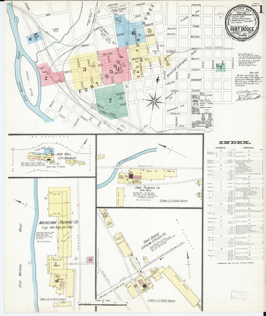 Sanborn Fire Insurance Map from Fort Dodge, Webster County, Iowa (1892), Sheet #0001 - Historic Sanborn Fire Insurance Map Print, vintage old map wall art