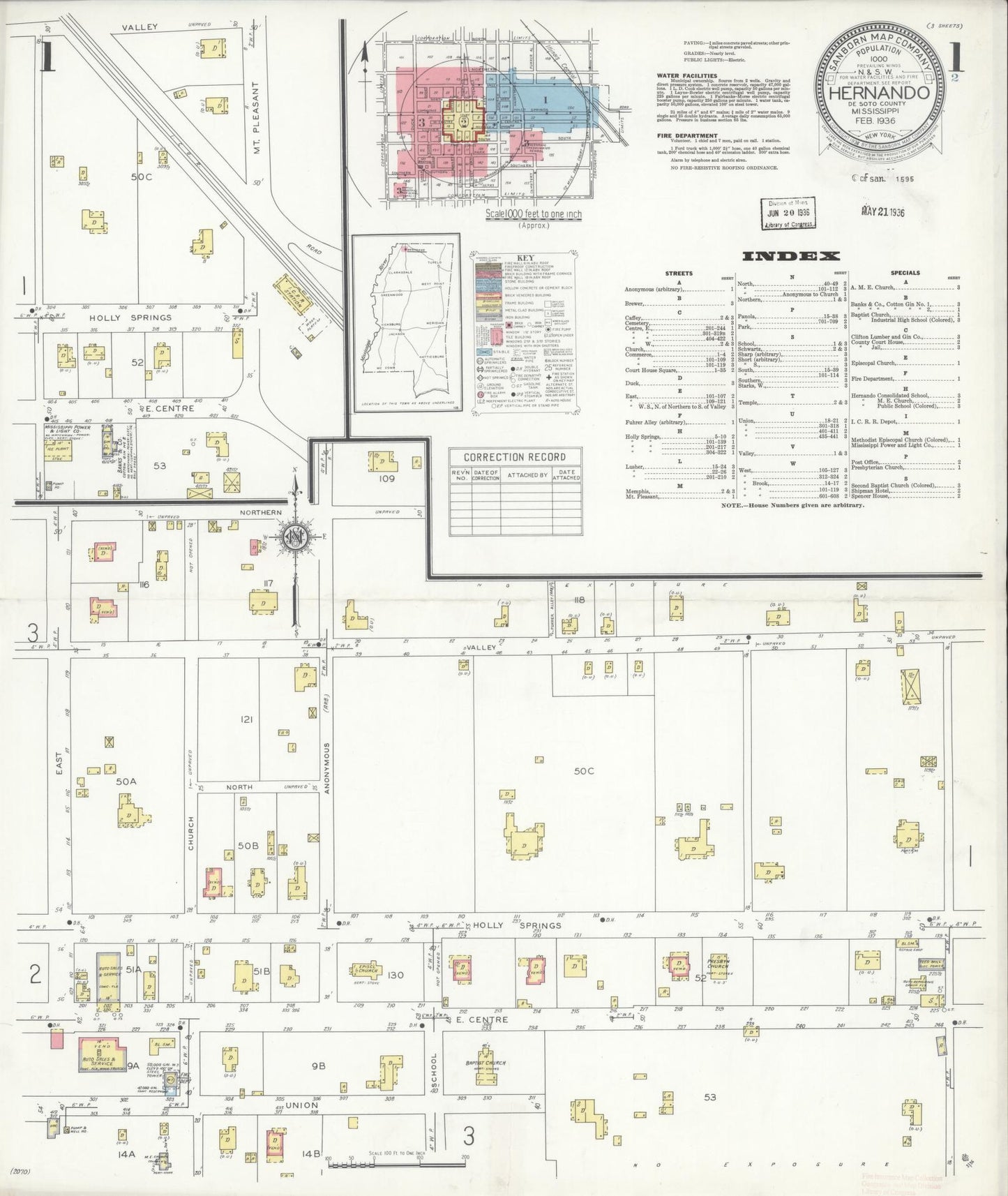 Sanborn Fire Insurance Map from Hernando, De Soto County, Mississippi (1936), Sheet #0001 - Complete Map Set gallery image, historic Sanborn map, vintage wall art, Mississippi Mississippi