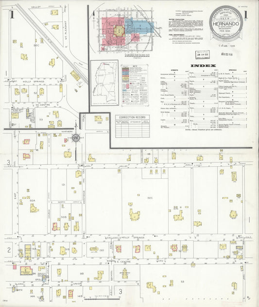 Sanborn Fire Insurance Map from Hernando, De Soto County, Mississippi (1936), Sheet #0001 - Complete Map Set gallery image, historic Sanborn map, vintage wall art, Mississippi Mississippi