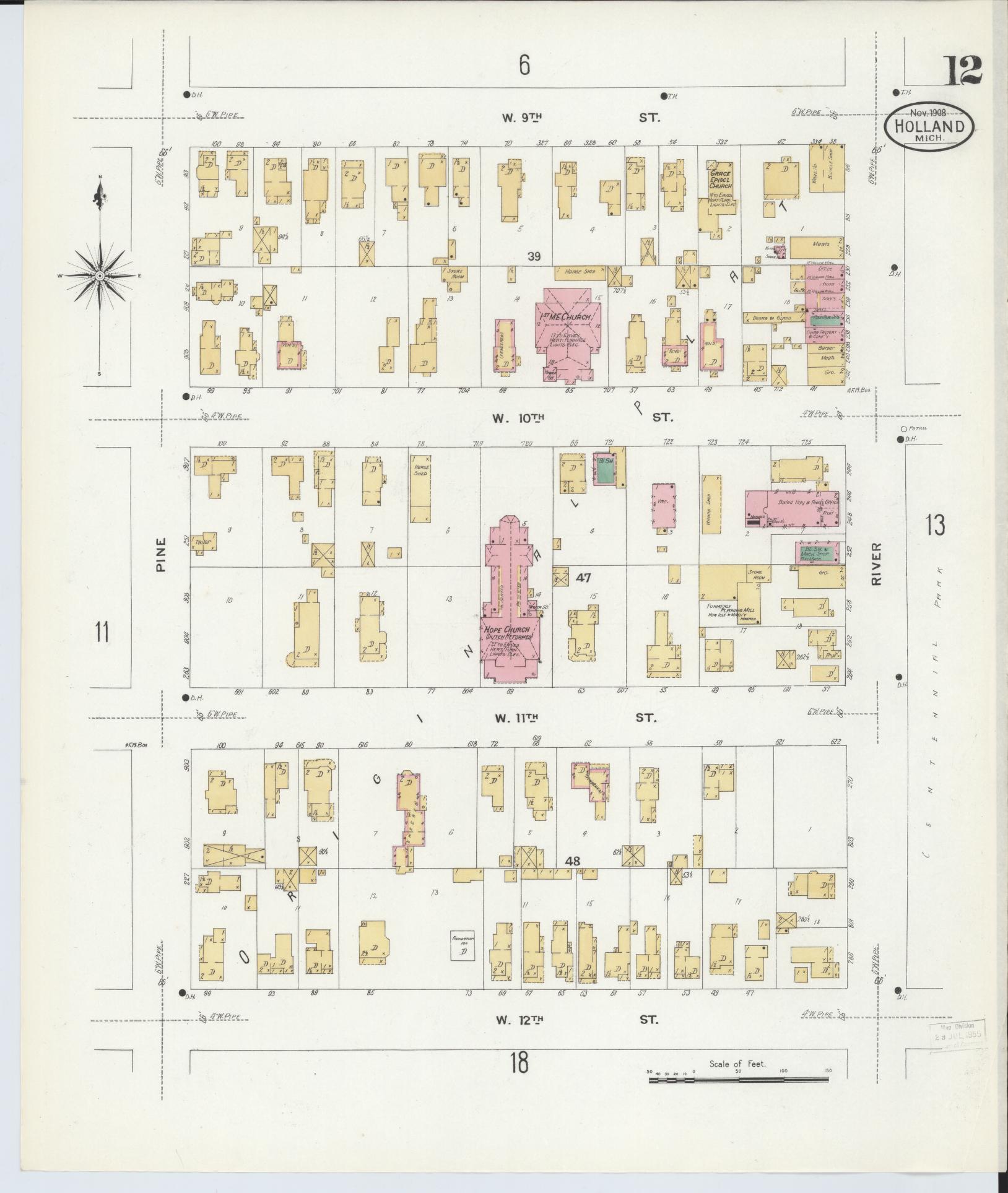 Sanborn Fire Insurance Map from Holland, Ottawa County, Michigan (1908), Sheet #0012 - Historic Sanborn Fire Insurance Map Print, vintage old map wall art, antique decor, genealogy gift, Michigan Michigan map