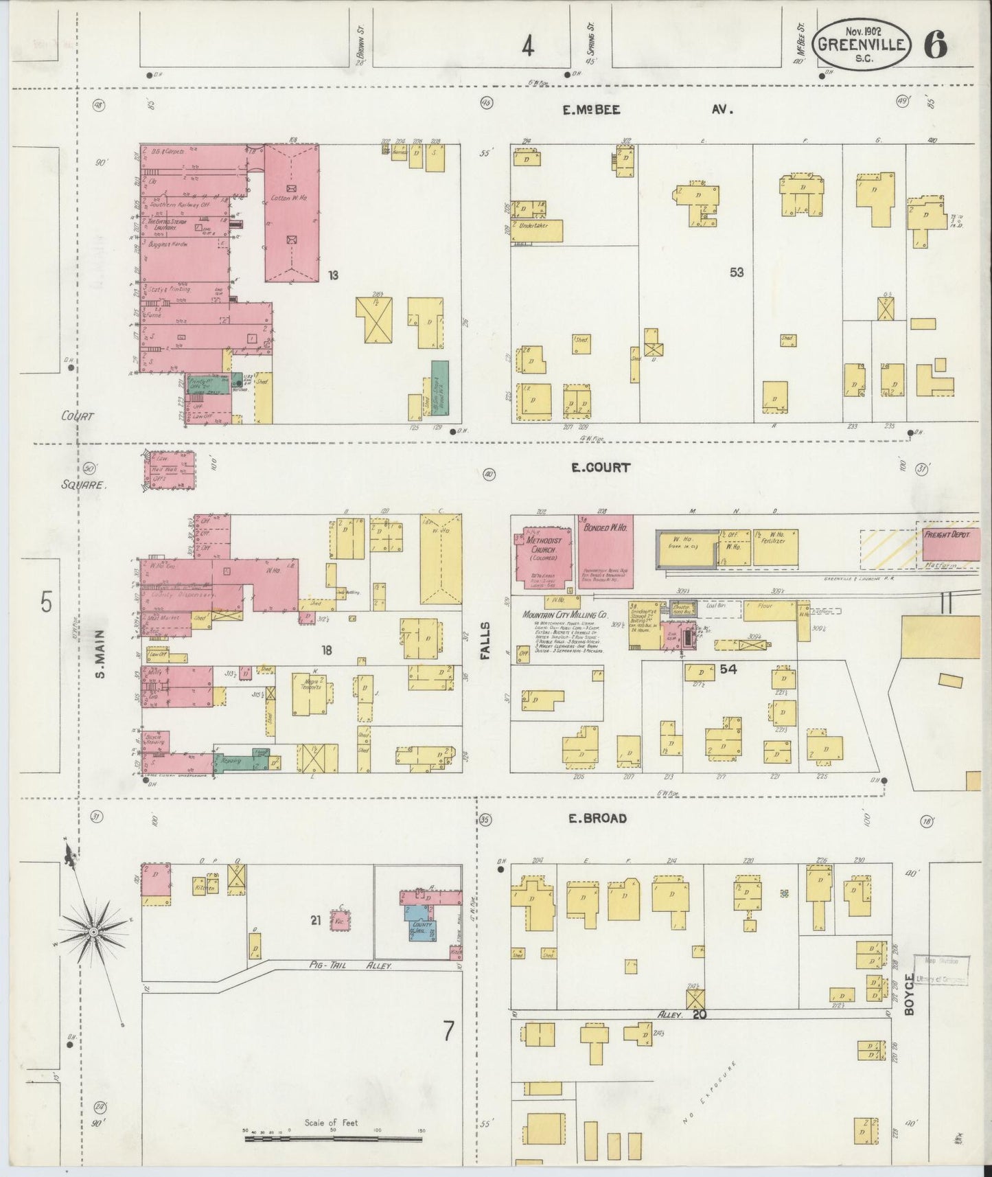 Sanborn Fire Insurance Map from Greenville, Greenville County, South Carolina (1902), Sheet #0006 - Historic Sanborn Fire Insurance Map Print, vintage old map wall art, antique decor, genealogy gift, South Carolina South Carolina map