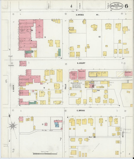 Sanborn Fire Insurance Map from Greenville, Greenville County, South Carolina (1902), Sheet #0006 - Historic Sanborn Fire Insurance Map Print, vintage old map wall art, antique decor, genealogy gift, South Carolina South Carolina map