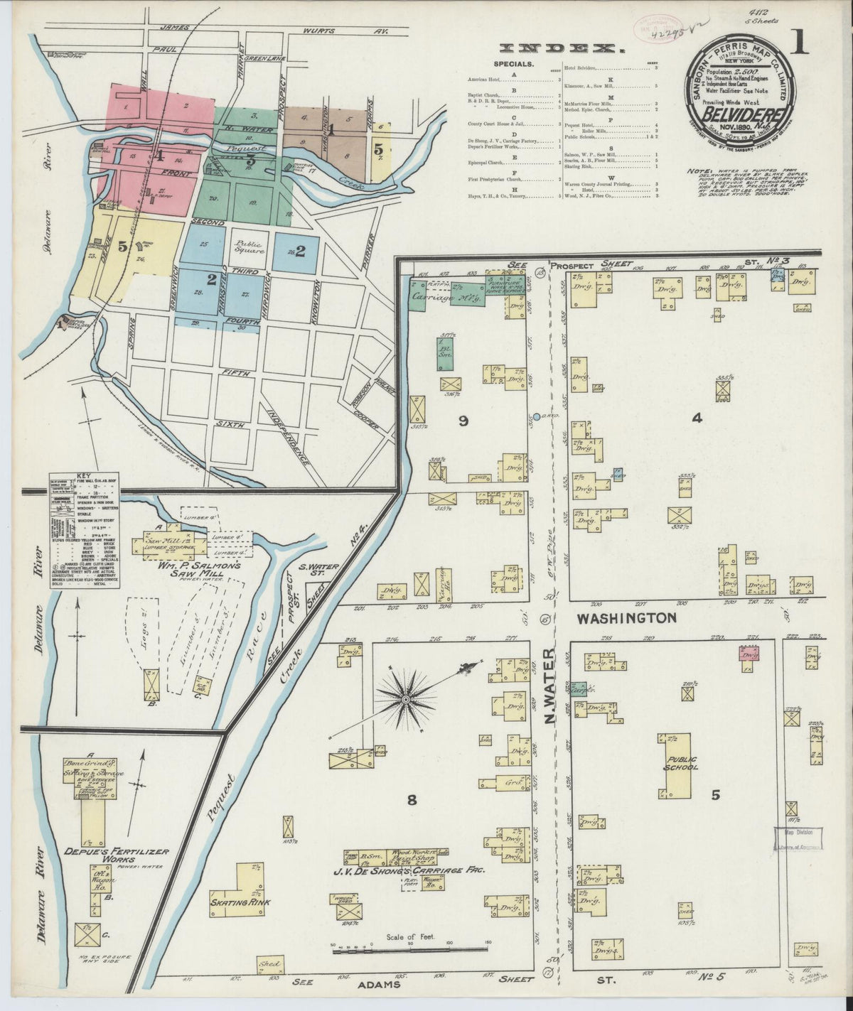 Sanborn Fire Insurance Map from Belvidere, Warren County, New Jersey (1890), Sheet #0001 - Historic Sanborn Fire Insurance Map Print, vintage old map wall art, antique decor, genealogy gift, New Jersey New Jersey map