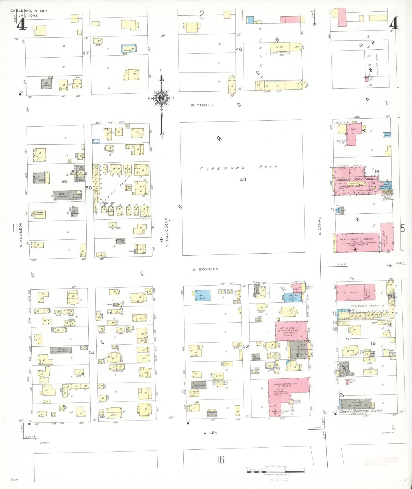 Sanborn Fire Insurance Map from Carlsbad, Eddy County, New Mexico (1943), Sheet #0004 - Historic Sanborn Fire Insurance Map Print, vintage old map wall art, antique decor, genealogy gift, New Mexico New Mexico map