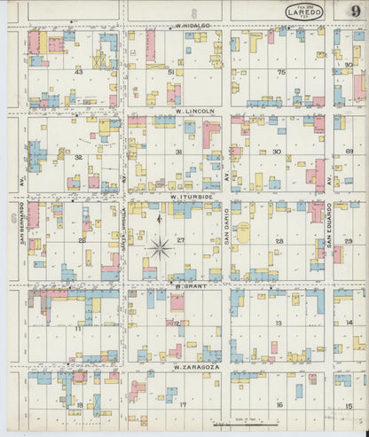 Sanborn Fire Insurance Map from Laredo, Webb County, Texas (1894), Sheet #0009 - Historic Sanborn Fire Insurance Map Print, vintage old map wall art, antique decor, genealogy gift, Texas Texas map