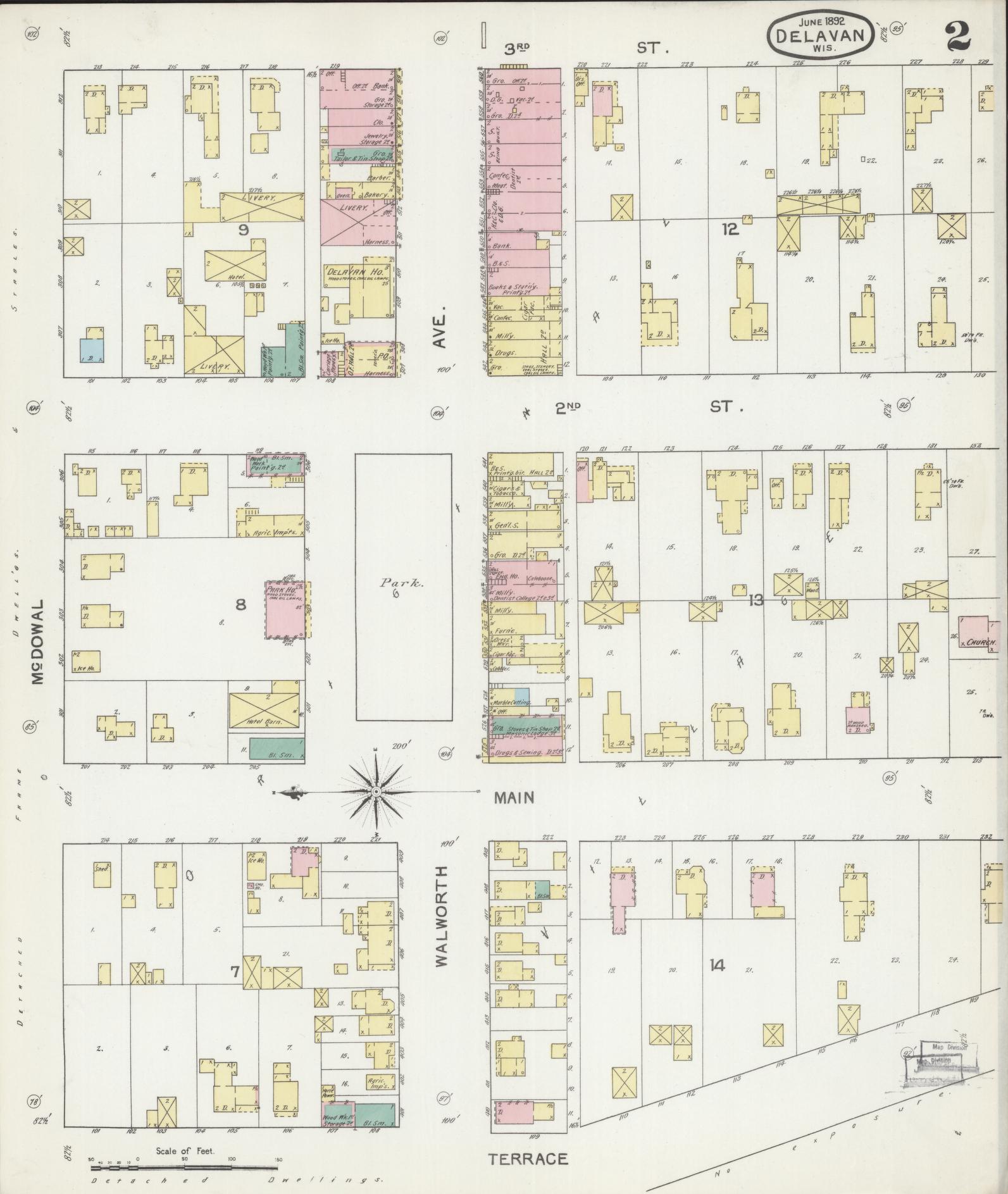 Sanborn Fire Insurance Map from Delavan, Walworth County, Wisconsin (1892), Sheet #0002 - Complete Map Set gallery image, historic Sanborn map, vintage wall art, Wisconsin Wisconsin