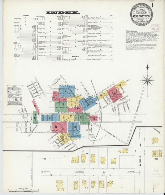 Sanborn Fire Insurance Map from Merchantville, Camden County, New Jersey (1908), Sheet #0001 - Complete Map Set gallery image, historic Sanborn map, vintage wall art, New Jersey New Jersey