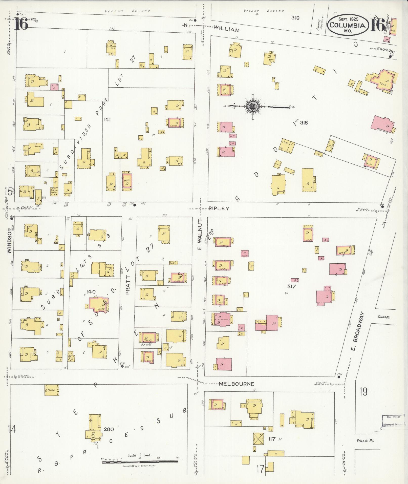 Sanborn Fire Insurance Map from Columbia, Boone County, Missouri (1925), Sheet #0016 - Historic Sanborn Fire Insurance Map Print, vintage old map wall art, antique decor, genealogy gift, Missouri Missouri map