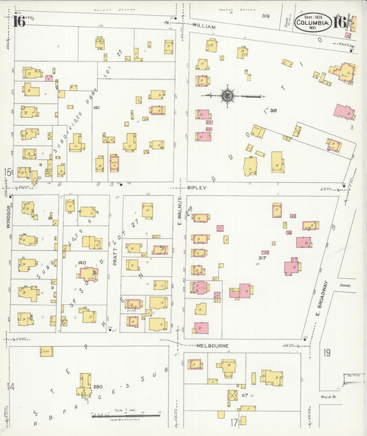 Sanborn Fire Insurance Map from Columbia, Boone County, Missouri (1925), Sheet #0016 - Historic Sanborn Fire Insurance Map Print, vintage old map wall art, antique decor, genealogy gift, Missouri Missouri map