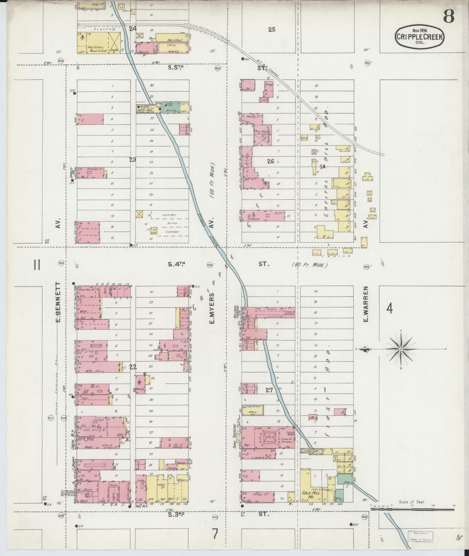 Sanborn Fire Insurance Map from Cripple Creek, Teller County, Colorado (1896), Sheet #0008 - Historic Sanborn Fire Insurance Map Print, vintage old map wall art, antique decor, genealogy gift, Colorado Colorado map