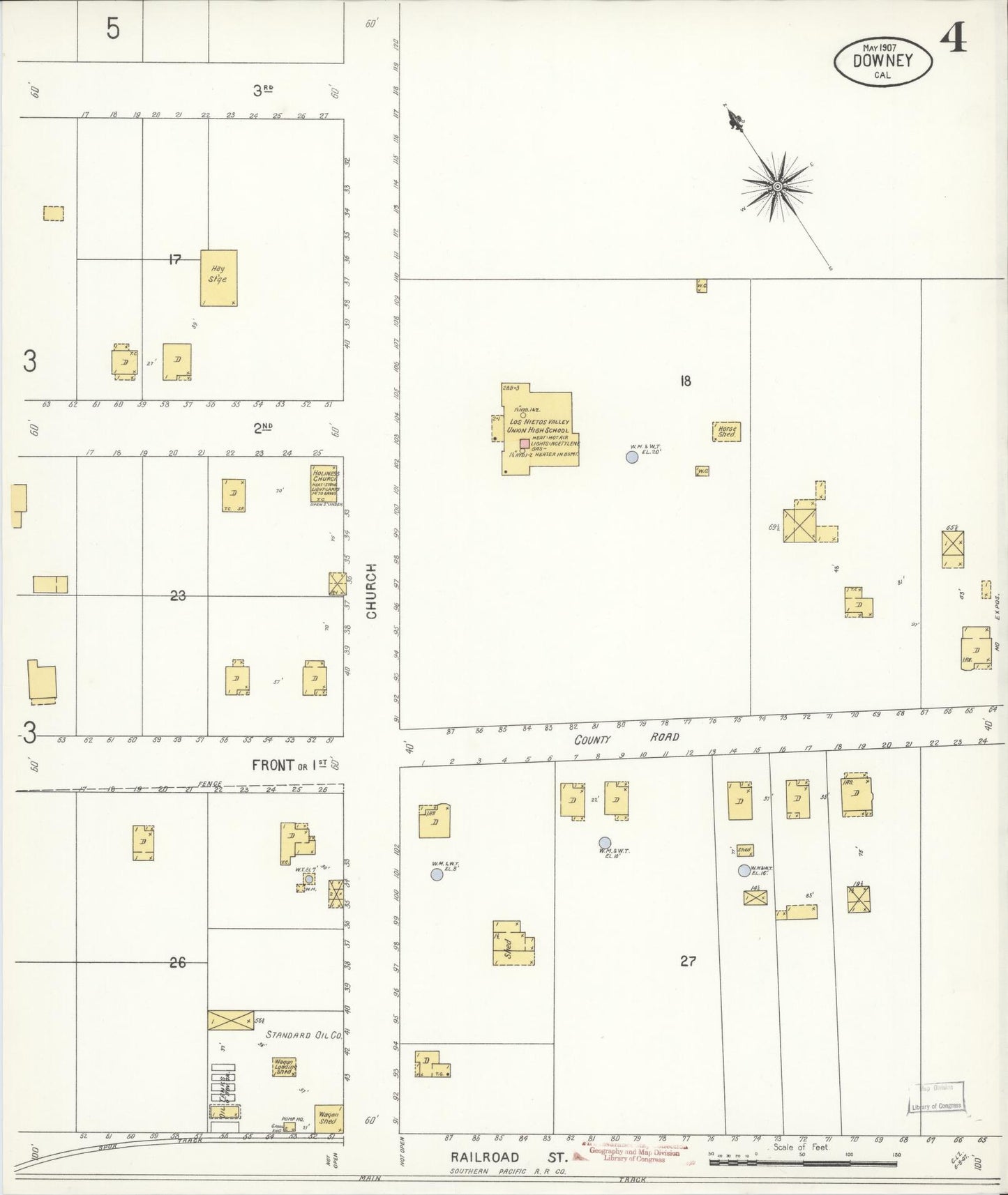 Sanborn Fire Insurance Map from Downey, Los Angeles County, California (1907), Sheet #0004 - Complete Map Set gallery image, historic Sanborn map, vintage wall art, California California