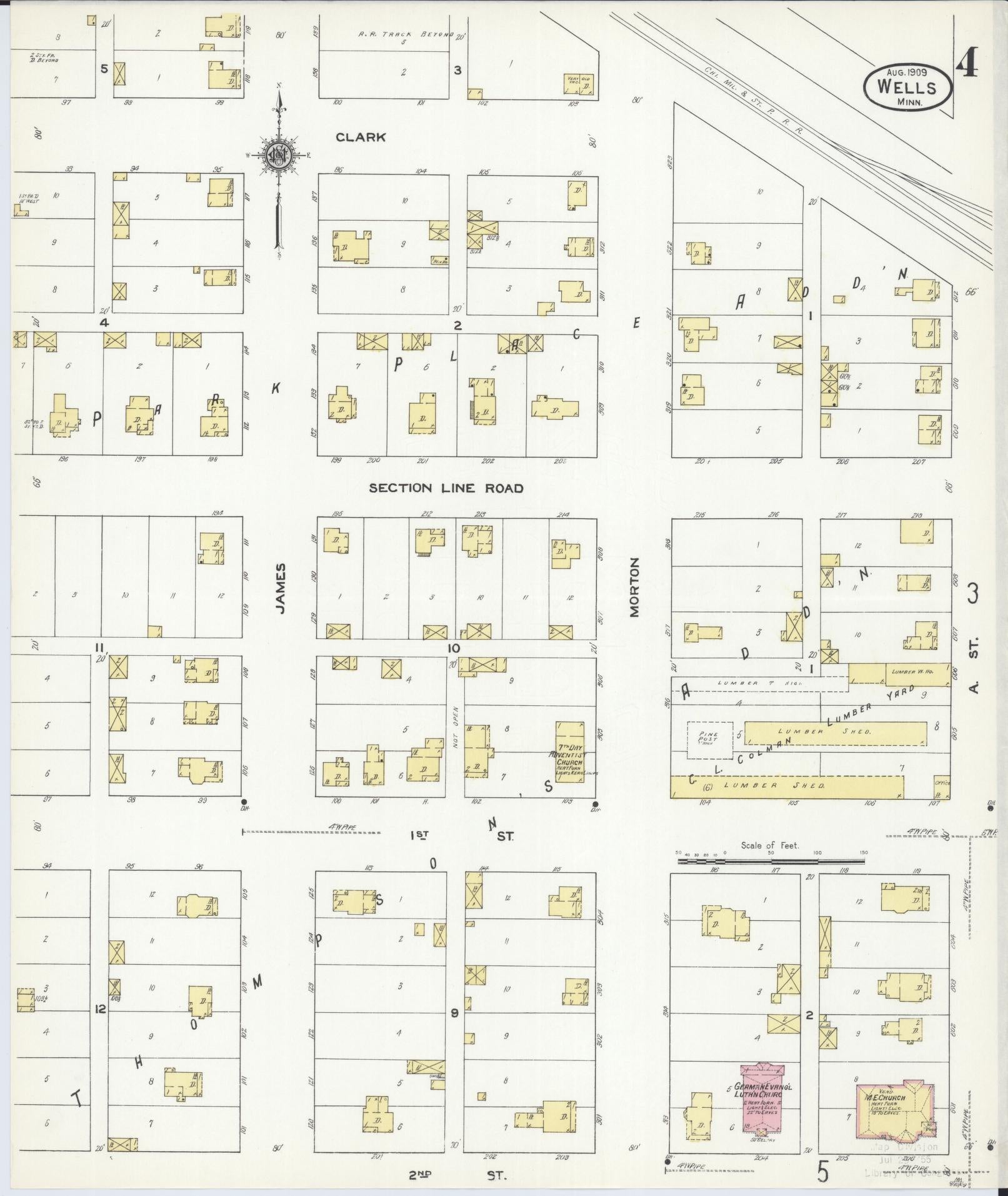 Sanborn Fire Insurance Map from Wells, Faribault County, Minnesota (1909), Sheet #0004 - Complete Map Set gallery image, historic Sanborn map, vintage wall art, Minnesota Minnesota