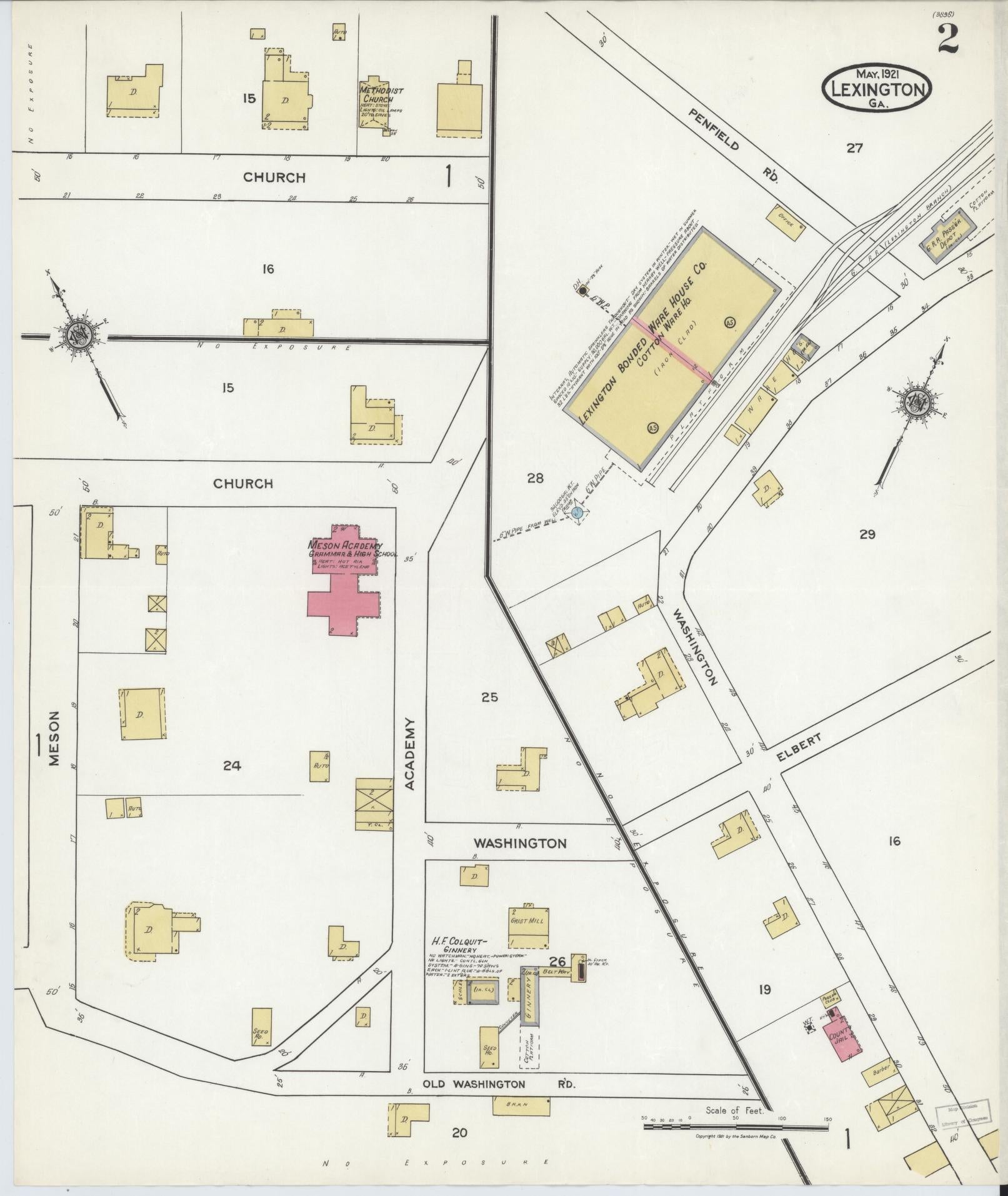 Sanborn Fire Insurance Map from Lexington, Oglethorpe County, Georgia (1921), Sheet #0002 - Complete Map Set gallery image, historic Sanborn map, vintage wall art, Georgia Georgia