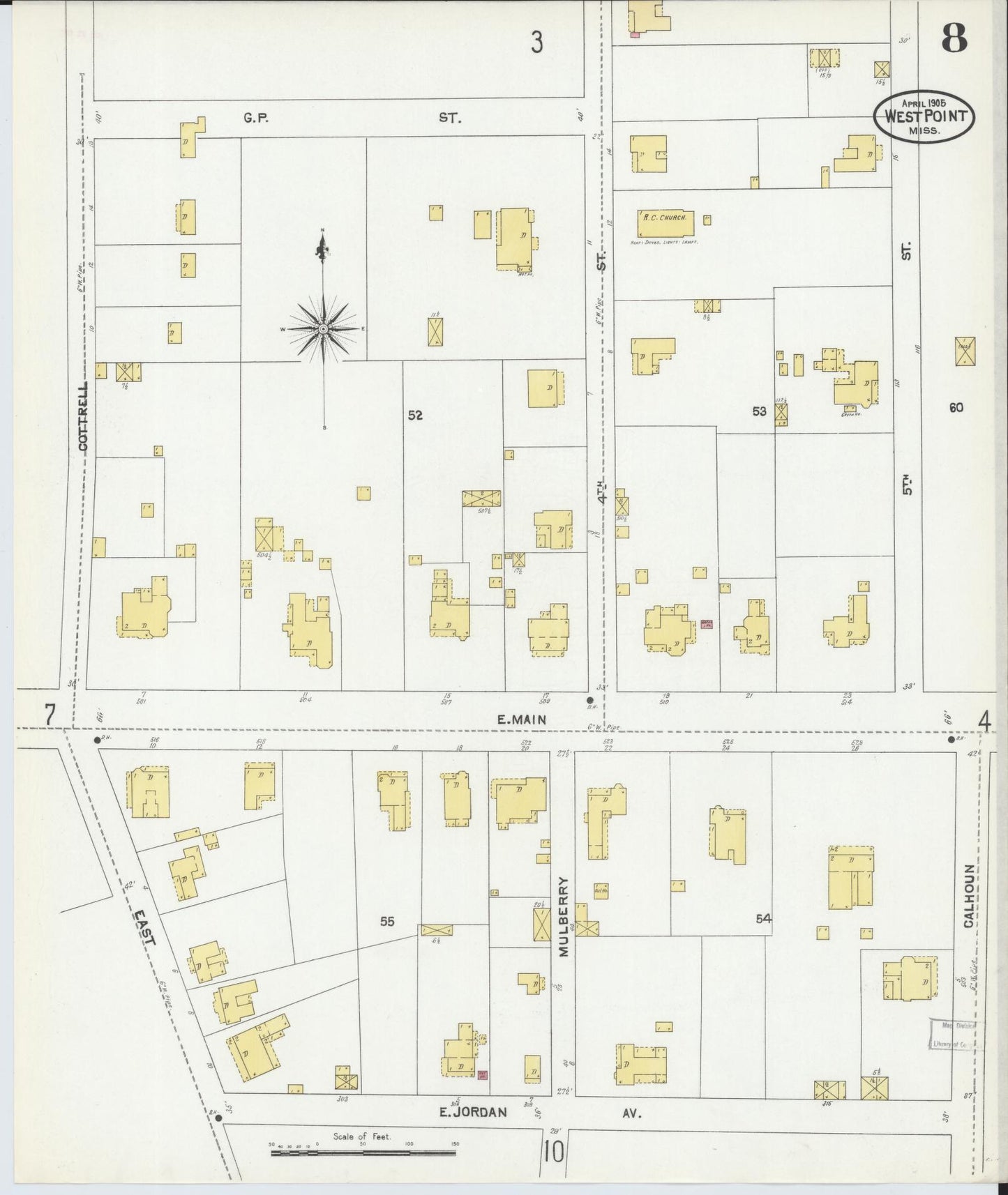 Sanborn Fire Insurance Map from West Point, Clay County, Mississippi (1905), Sheet #0008 - Complete Map Set gallery image, historic Sanborn map, vintage wall art, Mississippi Mississippi