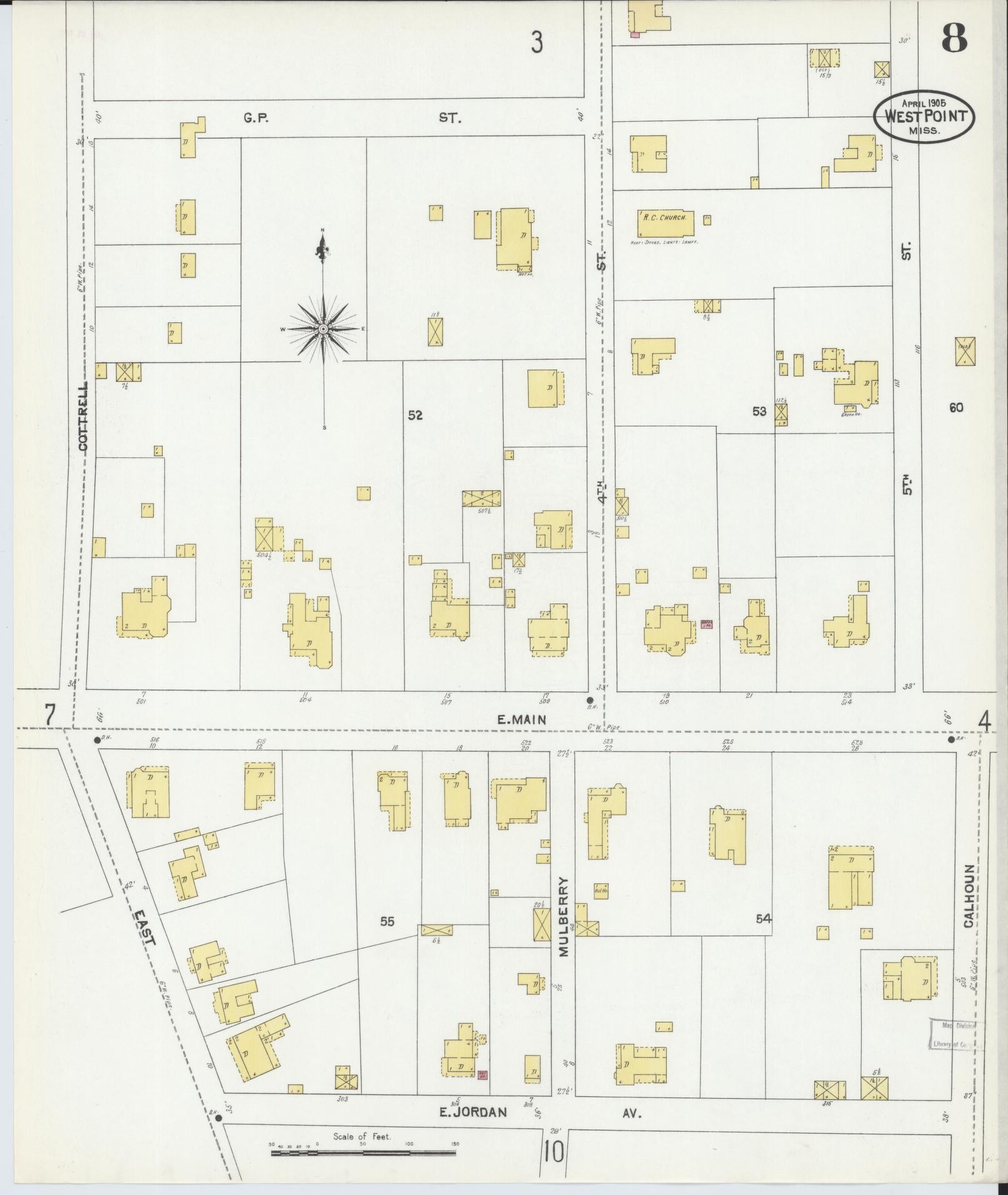 Sanborn Fire Insurance Map from West Point, Clay County, Mississippi (1905), Sheet #0008 - Complete Map Set gallery image, historic Sanborn map, vintage wall art, Mississippi Mississippi