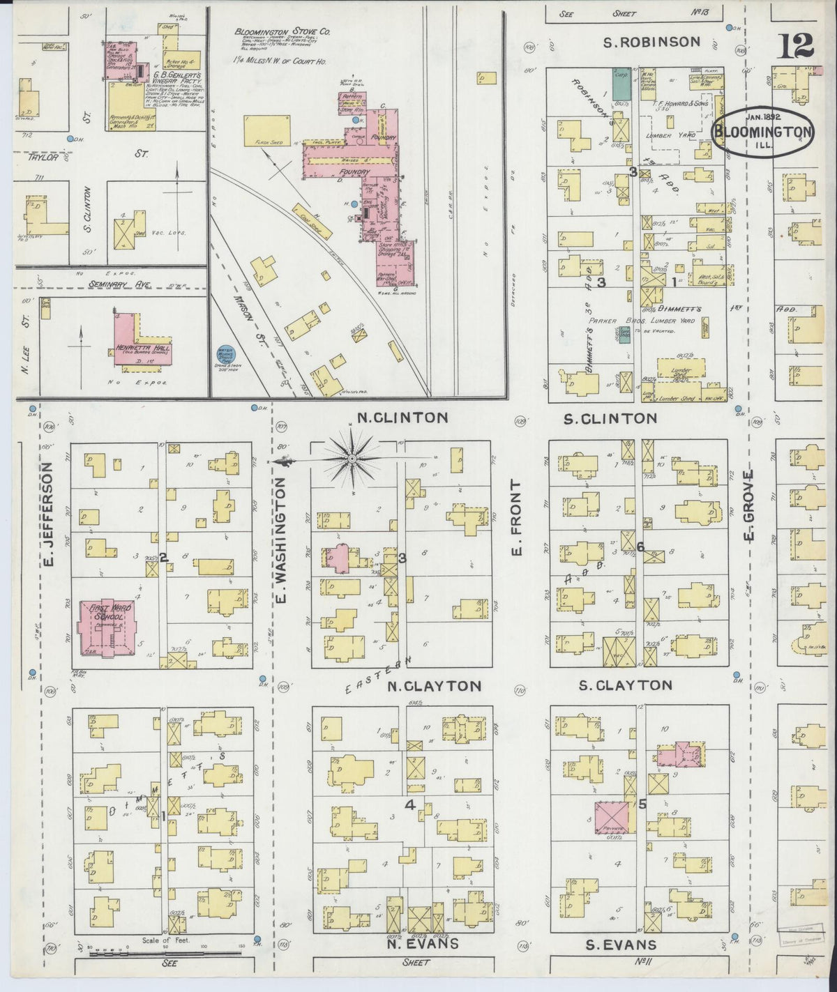 Sanborn Fire Insurance Map from Bloomington, McLean County, Illinois (1892), Sheet #0012 - Historic Sanborn Fire Insurance Map Print, vintage old map wall art, antique decor, genealogy gift, Illinois Illinois map