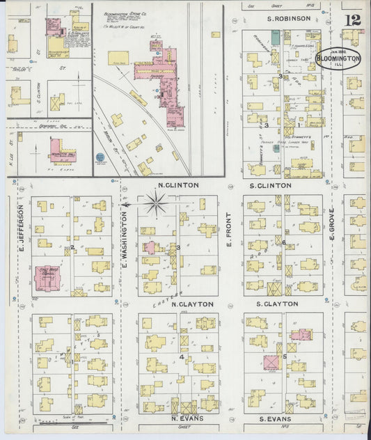 Sanborn Fire Insurance Map from Bloomington, McLean County, Illinois (1892), Sheet #0012 - Historic Sanborn Fire Insurance Map Print, vintage old map wall art, antique decor, genealogy gift, Illinois Illinois map