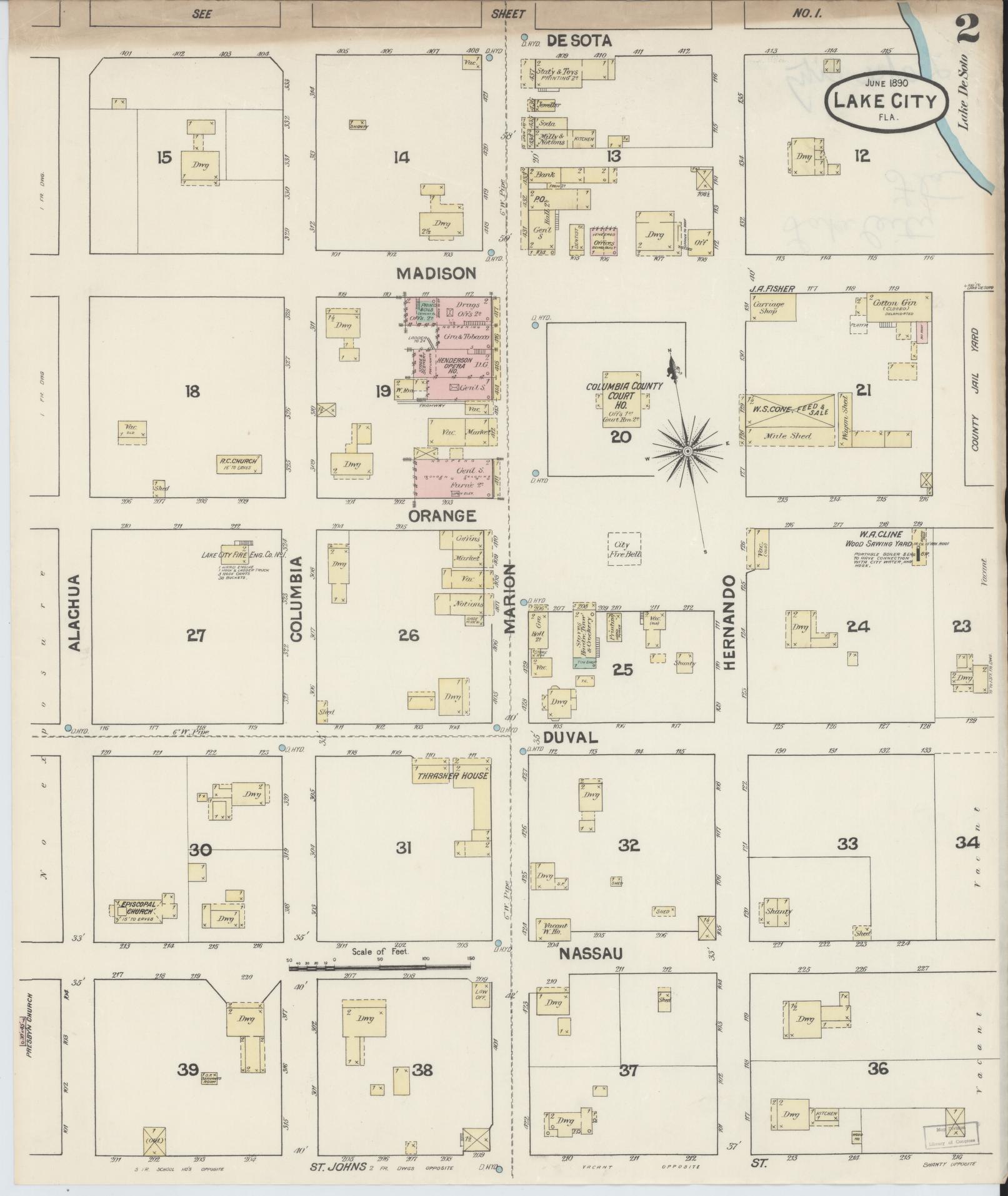 Sanborn Fire Insurance Map from Lake City, Columbia County, Florida (1890), Sheet #0002 - Historic Sanborn Fire Insurance Map Print, vintage old map wall art, antique decor, genealogy gift, Florida Florida map