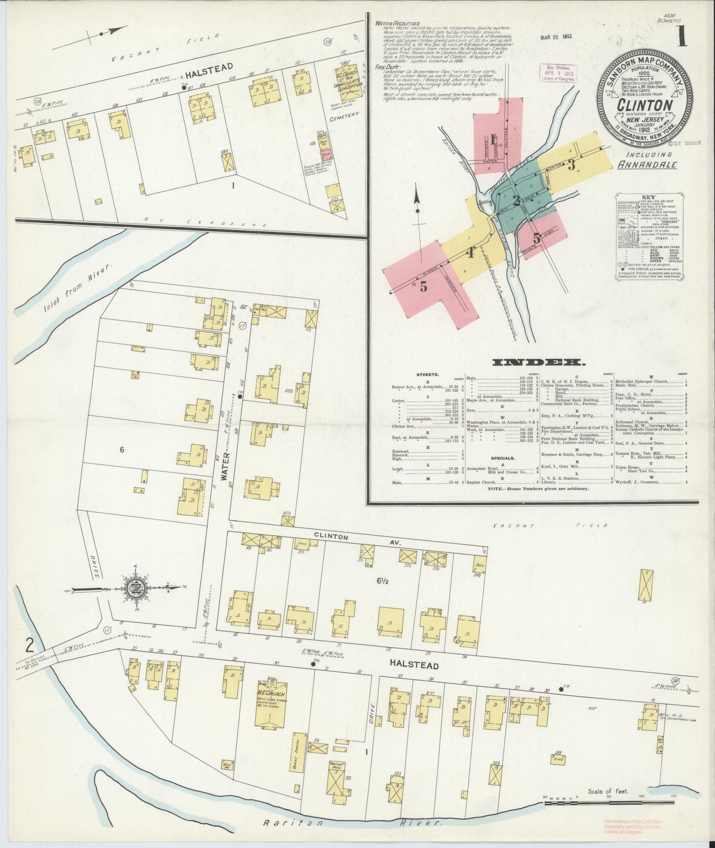 Sanborn Fire Insurance Map from Clinton, Hunterdon County, New Jersey (1912), Sheet #0001 - Historic Sanborn Fire Insurance Map Print, vintage old map wall art, antique decor, genealogy gift, New Jersey New Jersey map
