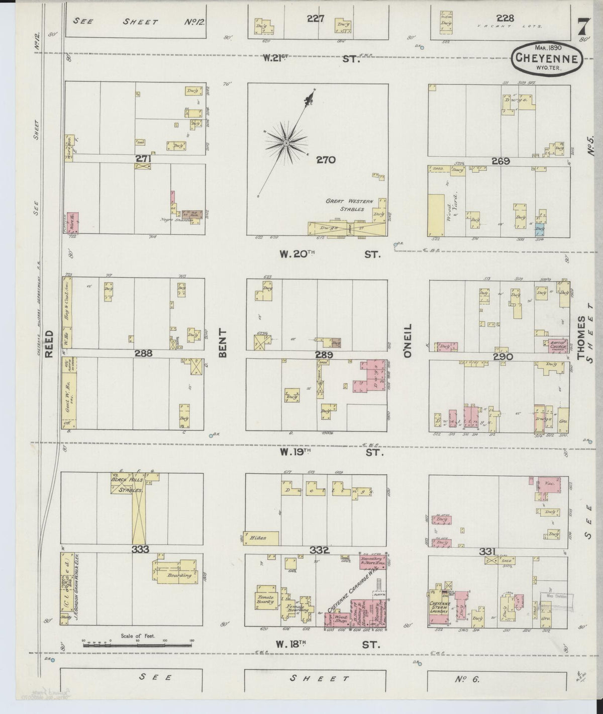Sanborn Fire Insurance Map from Cheyenne, Laramie County, Wyoming (1890), Sheet #0007 - Complete Map Set gallery image, historic Sanborn map, vintage wall art, Wyoming Wyoming