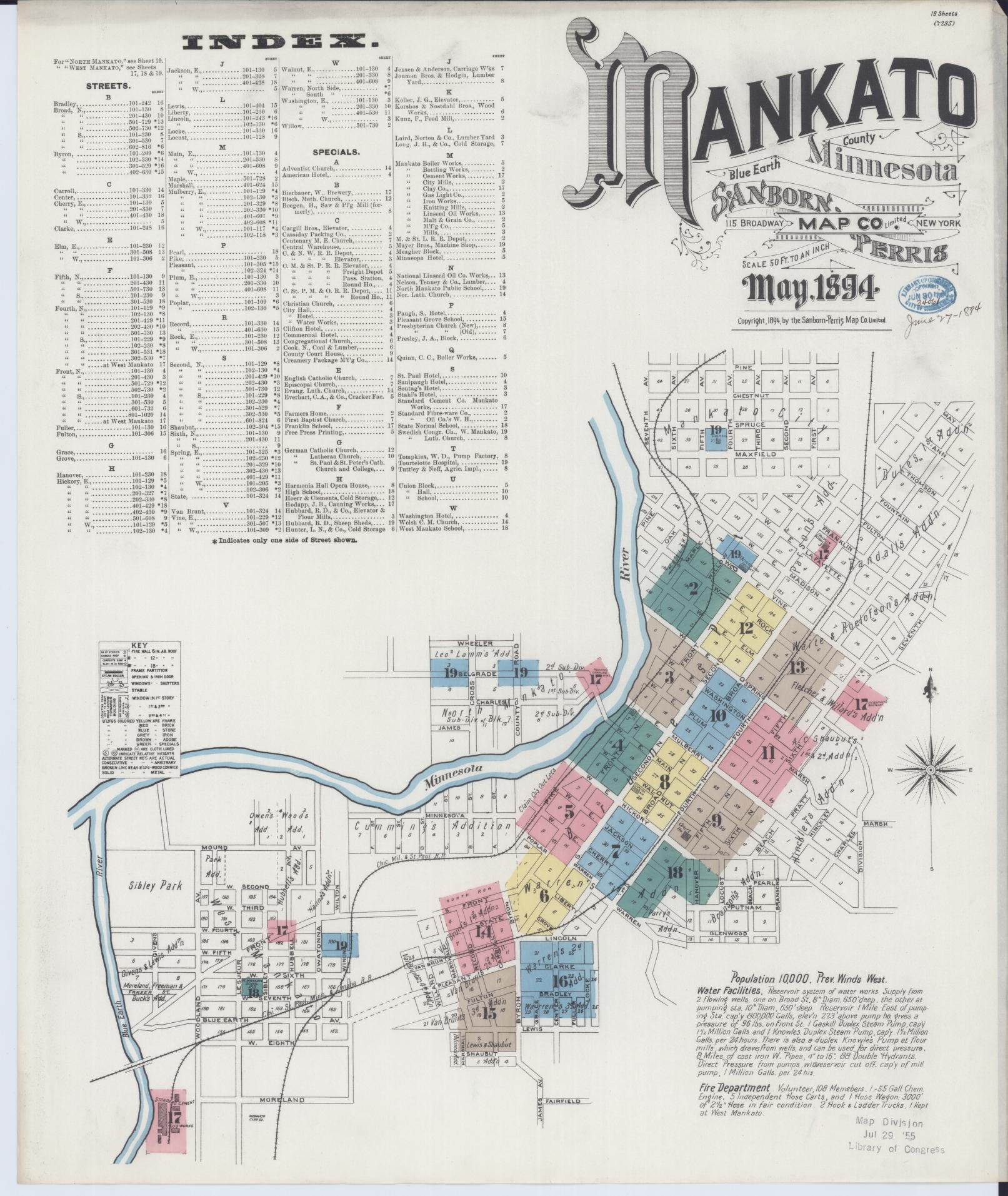Sanborn Fire Insurance Map from Mankato, Blue Earth County, Minnesota (1894), Sheet #0001 - Complete Map Set gallery image, historic Sanborn map, vintage wall art, Minnesota Minnesota