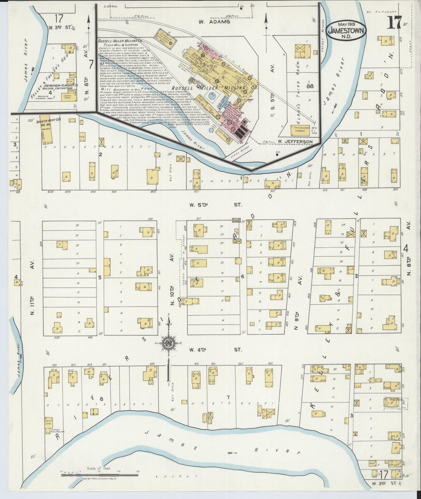 Sanborn Fire Insurance Map from Jamestown, Stutsman County, North Dakota (1919), Sheet #0017 - Historic Sanborn Fire Insurance Map Print, vintage old map wall art, antique decor, genealogy gift, North Dakota North Dakota map