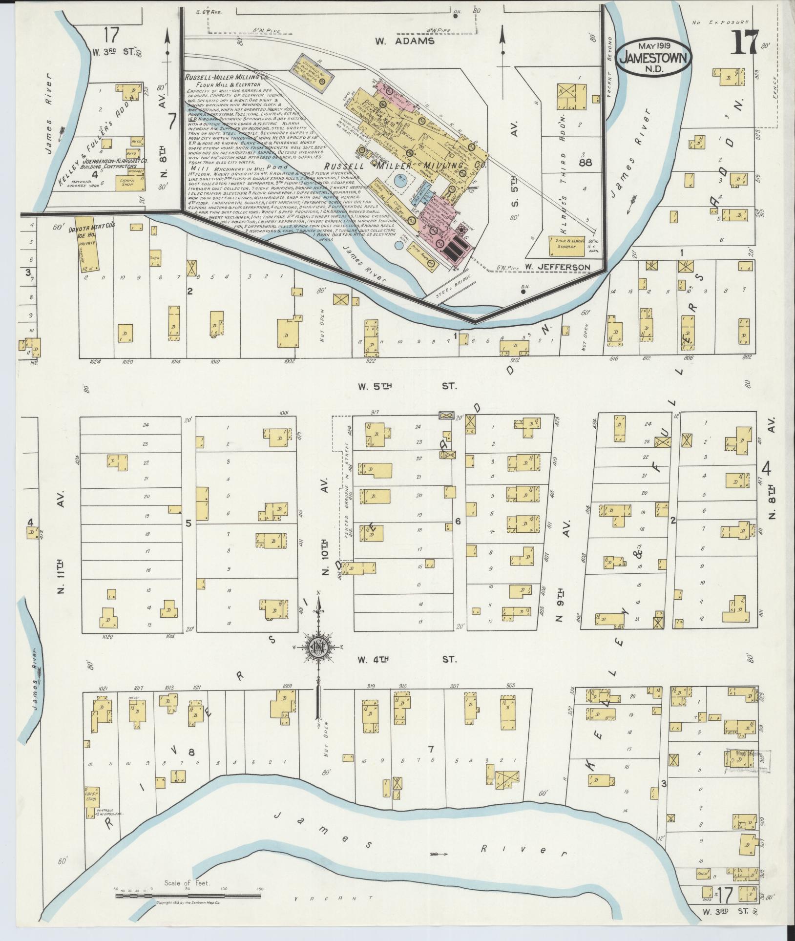 Sanborn Fire Insurance Map from Jamestown, Stutsman County, North Dakota (1919), Sheet #0017 - Historic Sanborn Fire Insurance Map Print, vintage old map wall art, antique decor, genealogy gift, North Dakota North Dakota map