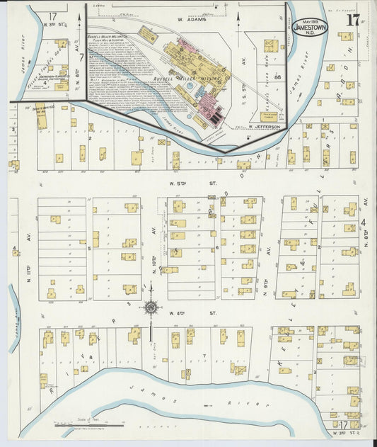 Sanborn Fire Insurance Map from Jamestown, Stutsman County, North Dakota (1919), Sheet #0017 - Historic Sanborn Fire Insurance Map Print, vintage old map wall art, antique decor, genealogy gift, North Dakota North Dakota map