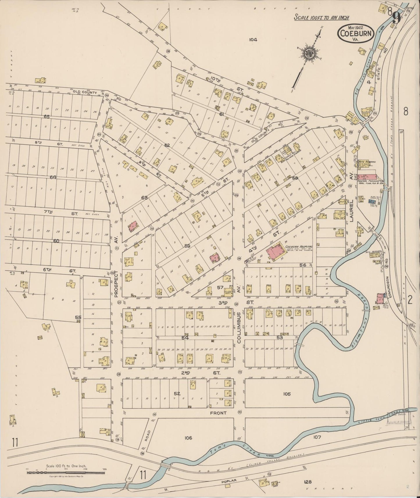 Sanborn Fire Insurance Map from Coeburn, Wise County, Virginia (1922), Sheet #0009 - Complete Map Set gallery image, historic Sanborn map, vintage wall art, Virginia Virginia