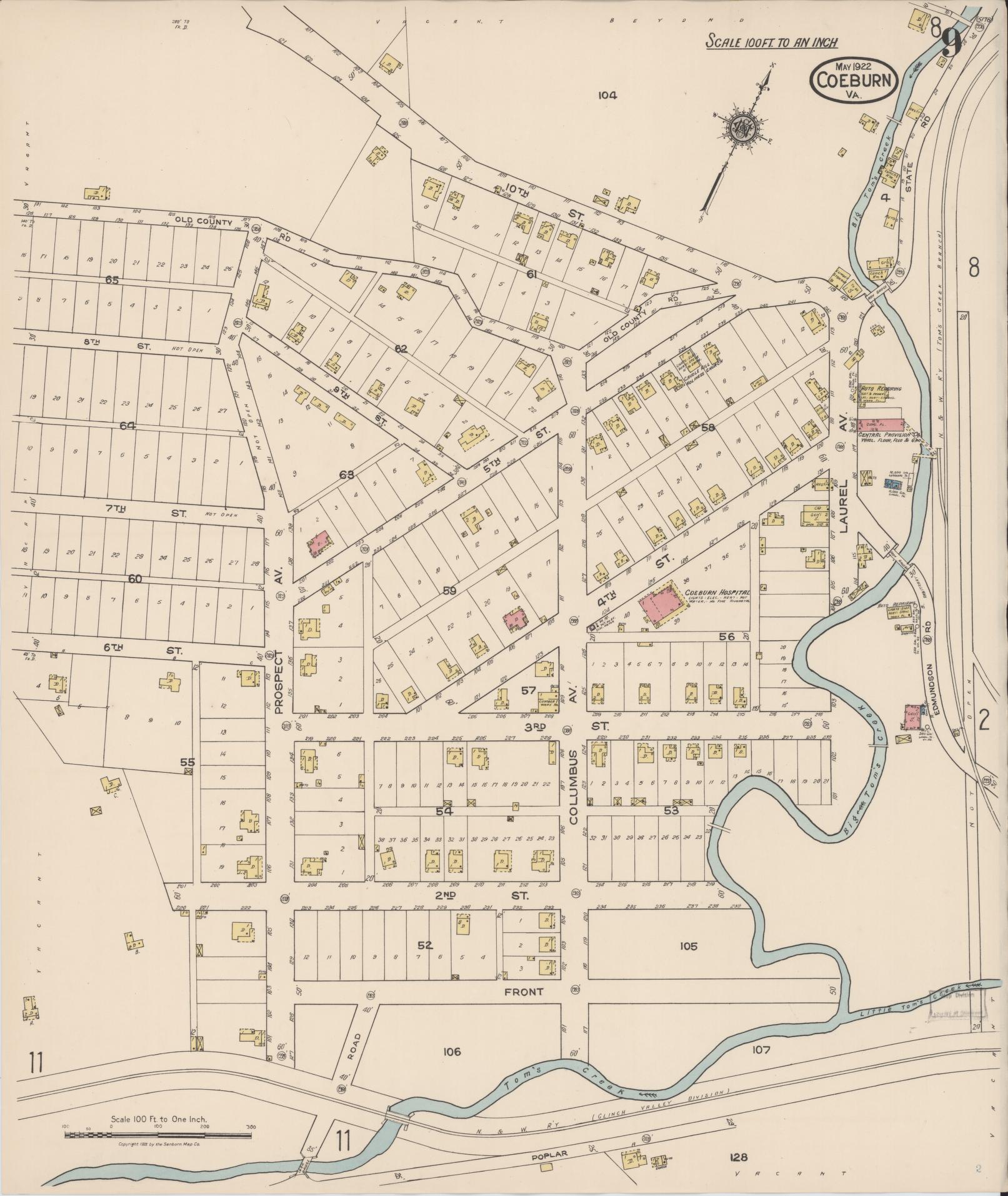 Sanborn Fire Insurance Map from Coeburn, Wise County, Virginia (1922), Sheet #0009 - Complete Map Set gallery image, historic Sanborn map, vintage wall art, Virginia Virginia