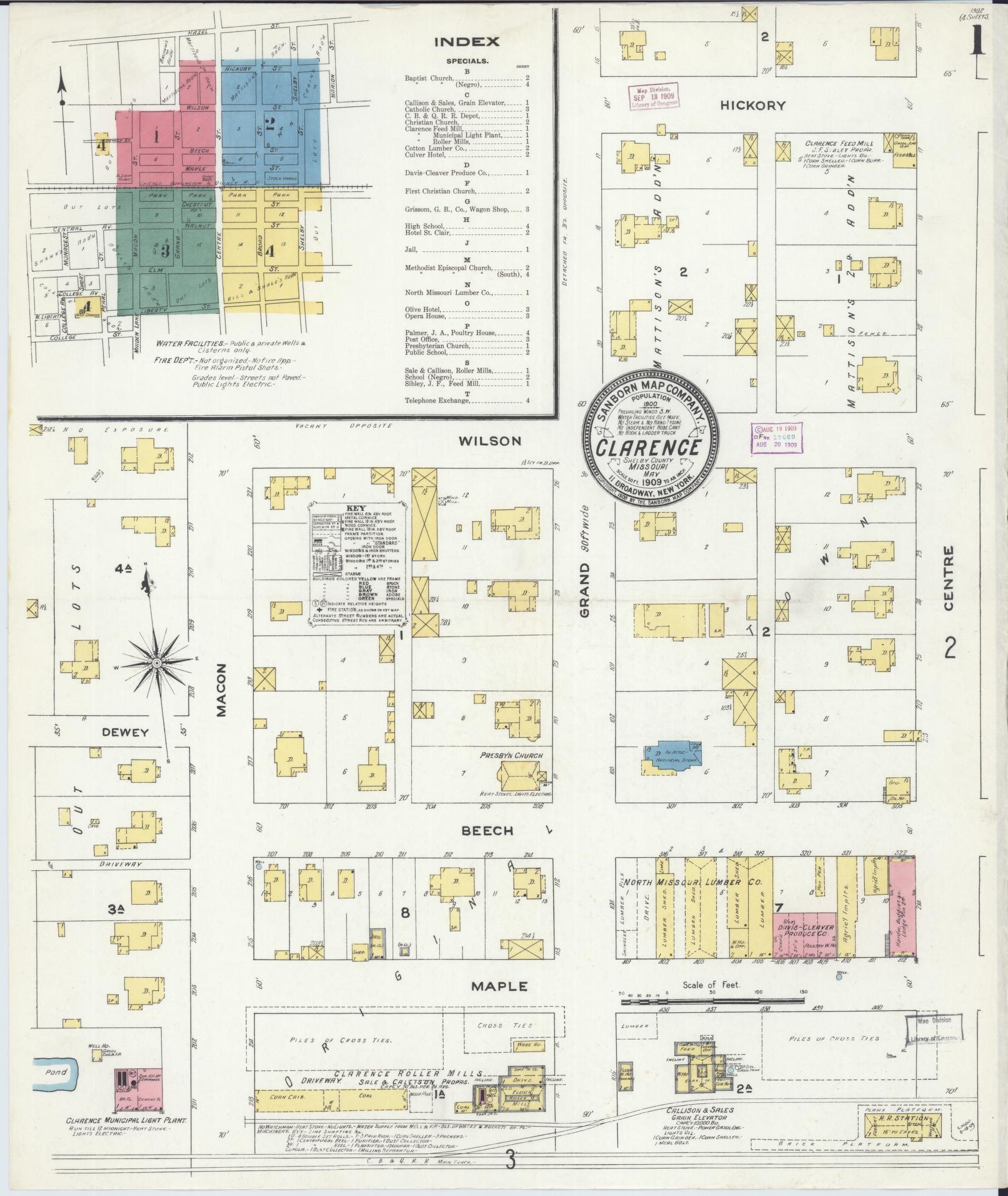 Sanborn Fire Insurance Map from Clarence, Shelby County, Missouri (1909), Sheet #0001 - Complete Map Set gallery image, historic Sanborn map, vintage wall art, Missouri Missouri