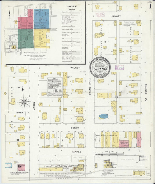 Sanborn Fire Insurance Map from Clarence, Shelby County, Missouri (1909), Sheet #0001 - Complete Map Set gallery image, historic Sanborn map, vintage wall art, Missouri Missouri