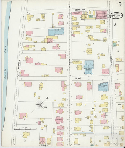 Sanborn Fire Insurance Map from Charleston, Kanawha County, West Virginia (1897), Sheet #0005 - Historic Sanborn Fire Insurance Map Print, vintage old map wall art, antique decor, genealogy gift, West Virginia West Virginia map