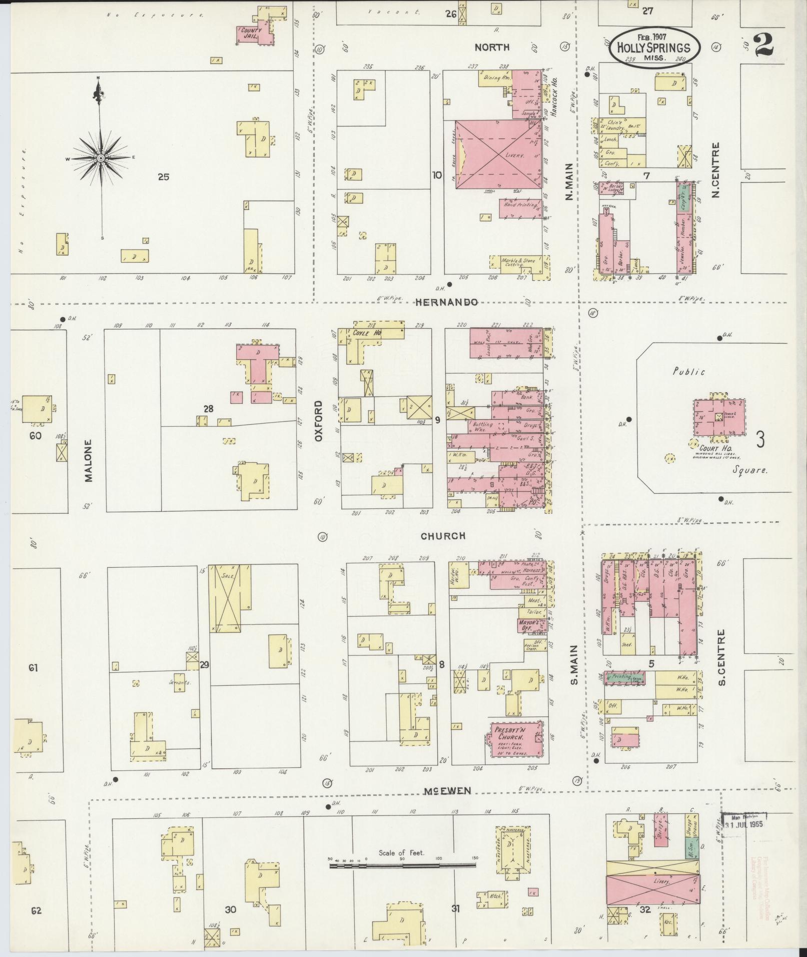 Sanborn Fire Insurance Map from Holly Springs, Marshall County, Mississippi (1907), Sheet #0002 - Historic Sanborn Fire Insurance Map Print, vintage old map wall art, antique decor, genealogy gift, Mississippi Mississippi map
