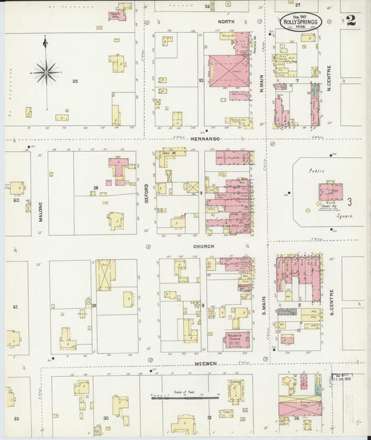 Sanborn Fire Insurance Map from Holly Springs, Marshall County, Mississippi (1907), Sheet #0002 - Historic Sanborn Fire Insurance Map Print, vintage old map wall art, antique decor, genealogy gift, Mississippi Mississippi map