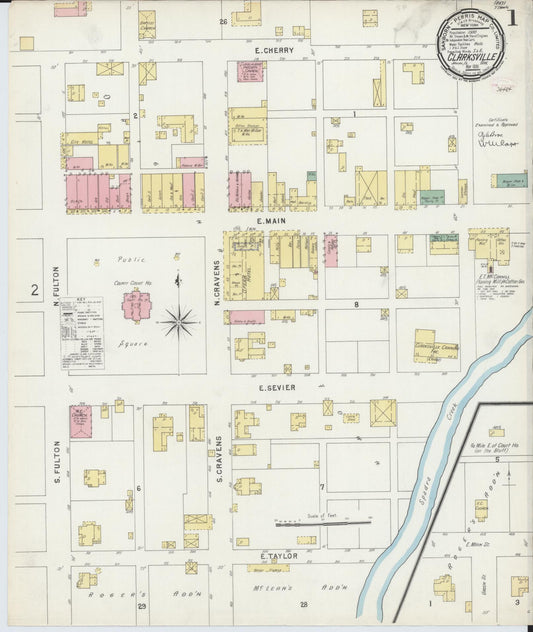 Sanborn Fire Insurance Map from Clarksville, Johnson County, Arkansas (1896), Sheet #0001 - Historic Sanborn Fire Insurance Map Print, vintage old map wall art, antique decor, genealogy gift, Arkansas Arkansas map