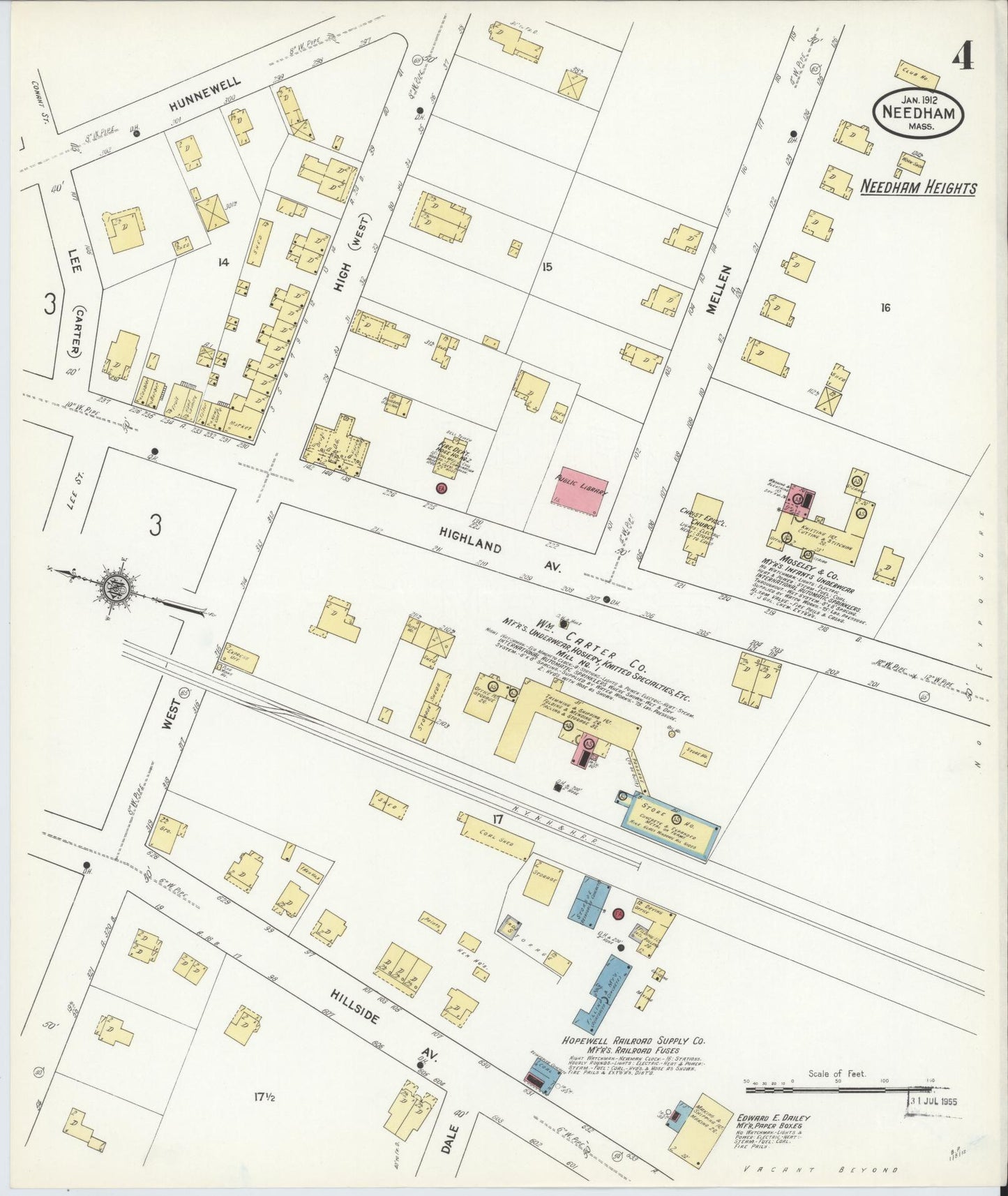 Sanborn Fire Insurance Map from Needham, Norfolk County, Massachusetts (1912), Sheet #0004 - Historic Sanborn Fire Insurance Map Print, vintage old map wall art, antique decor, genealogy gift, Massachusetts Massachusetts map