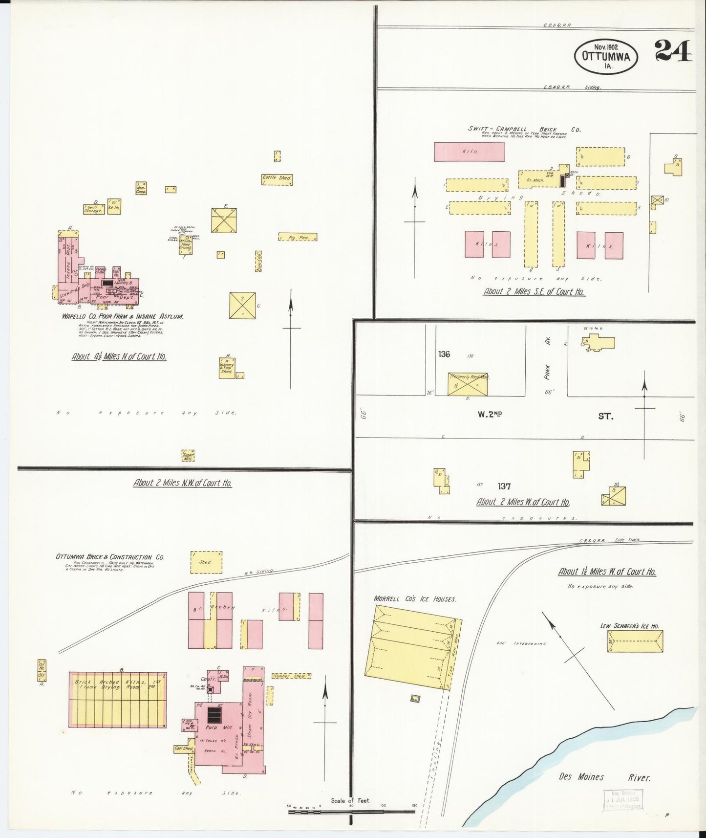Sanborn Fire Insurance Map from Ottumwa, Wapello County, Iowa (1902), Sheet #0024 - Historic Sanborn Fire Insurance Map Print, vintage old map wall art