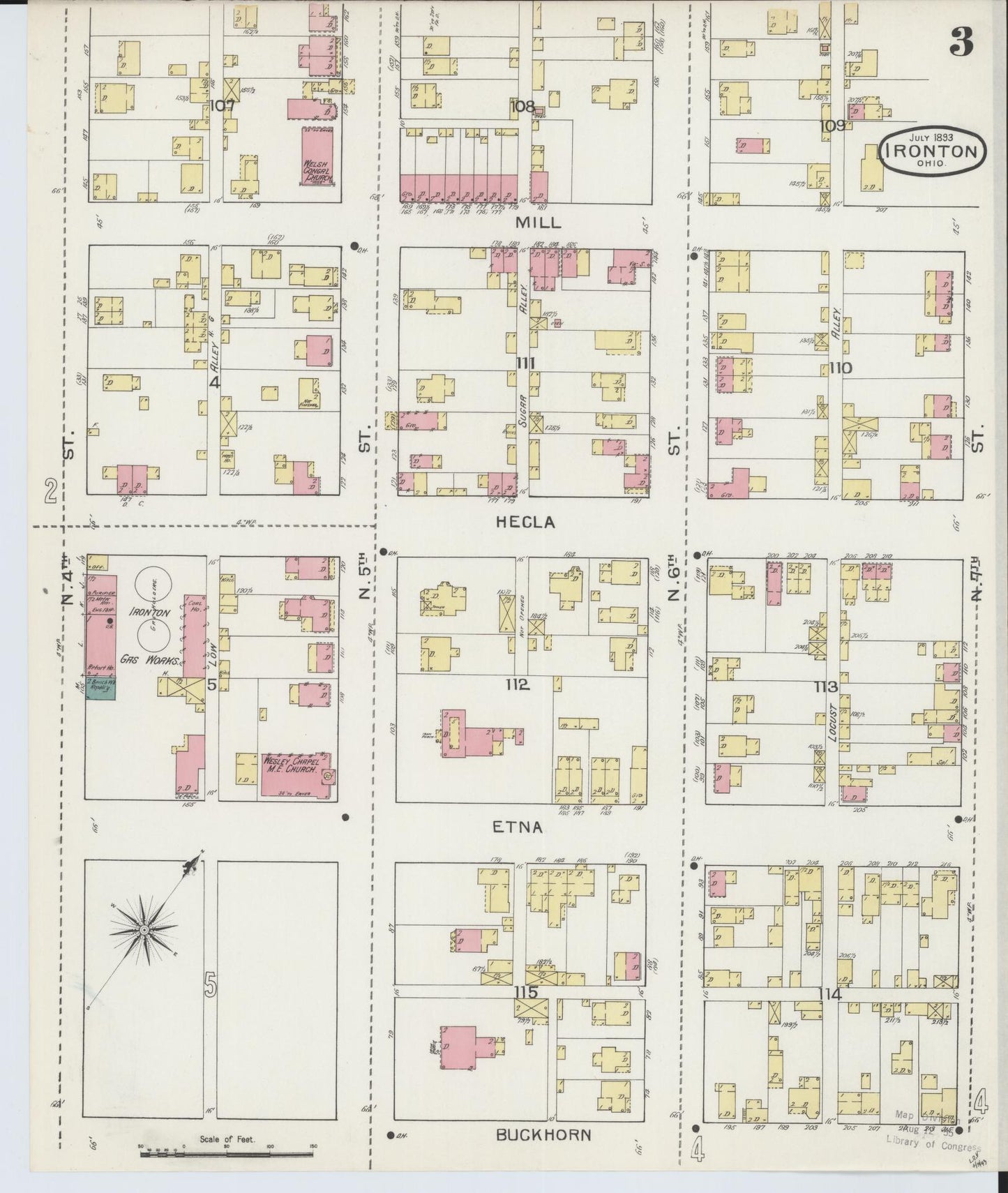 Sanborn Fire Insurance Map from Ironton, Lawrence County, Ohio (1893), Sheet #0003 - Complete Map Set gallery image, historic Sanborn map, vintage wall art, Ohio Ohio