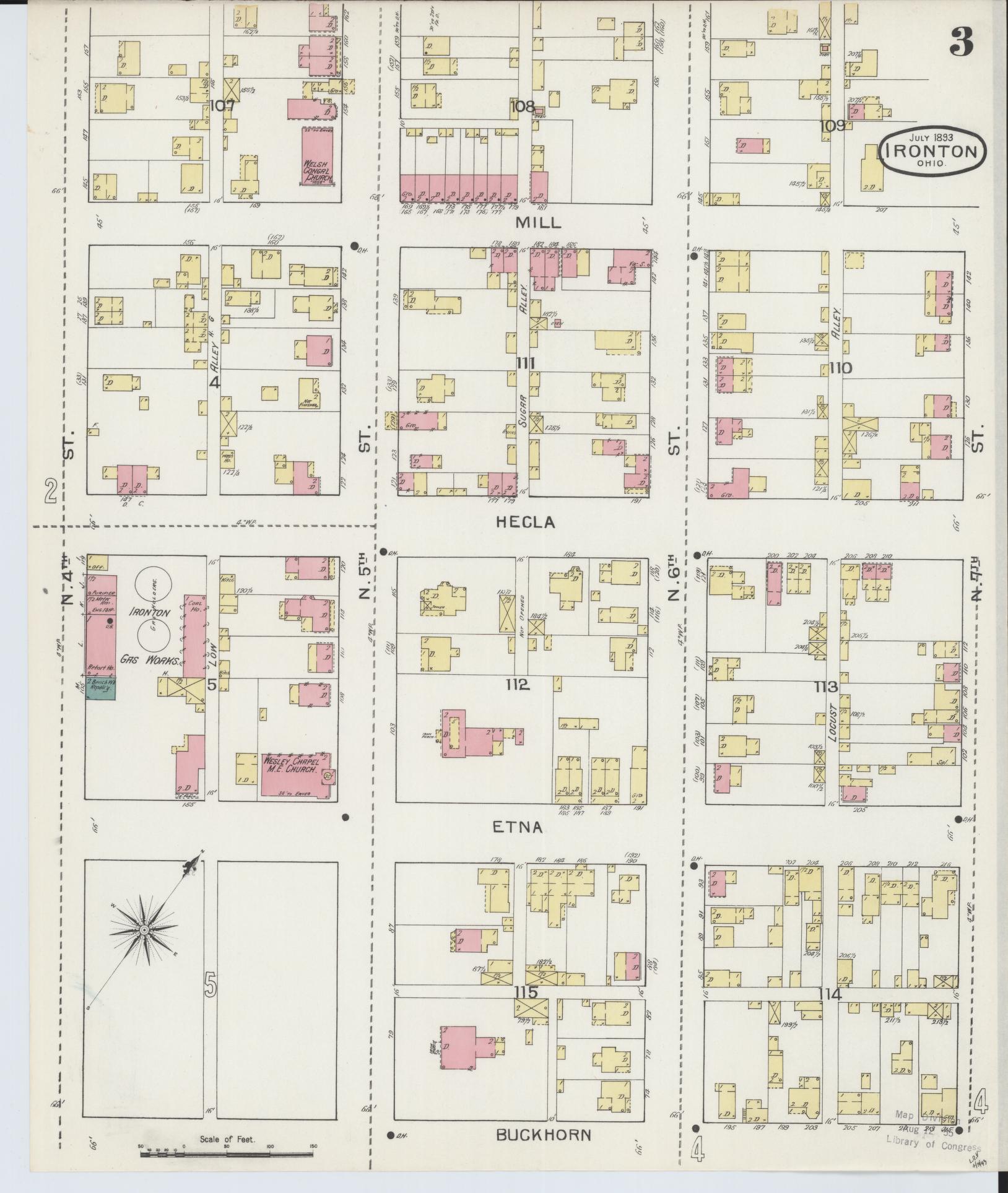 Sanborn Fire Insurance Map from Ironton, Lawrence County, Ohio (1893), Sheet #0003 - Complete Map Set gallery image, historic Sanborn map, vintage wall art, Ohio Ohio