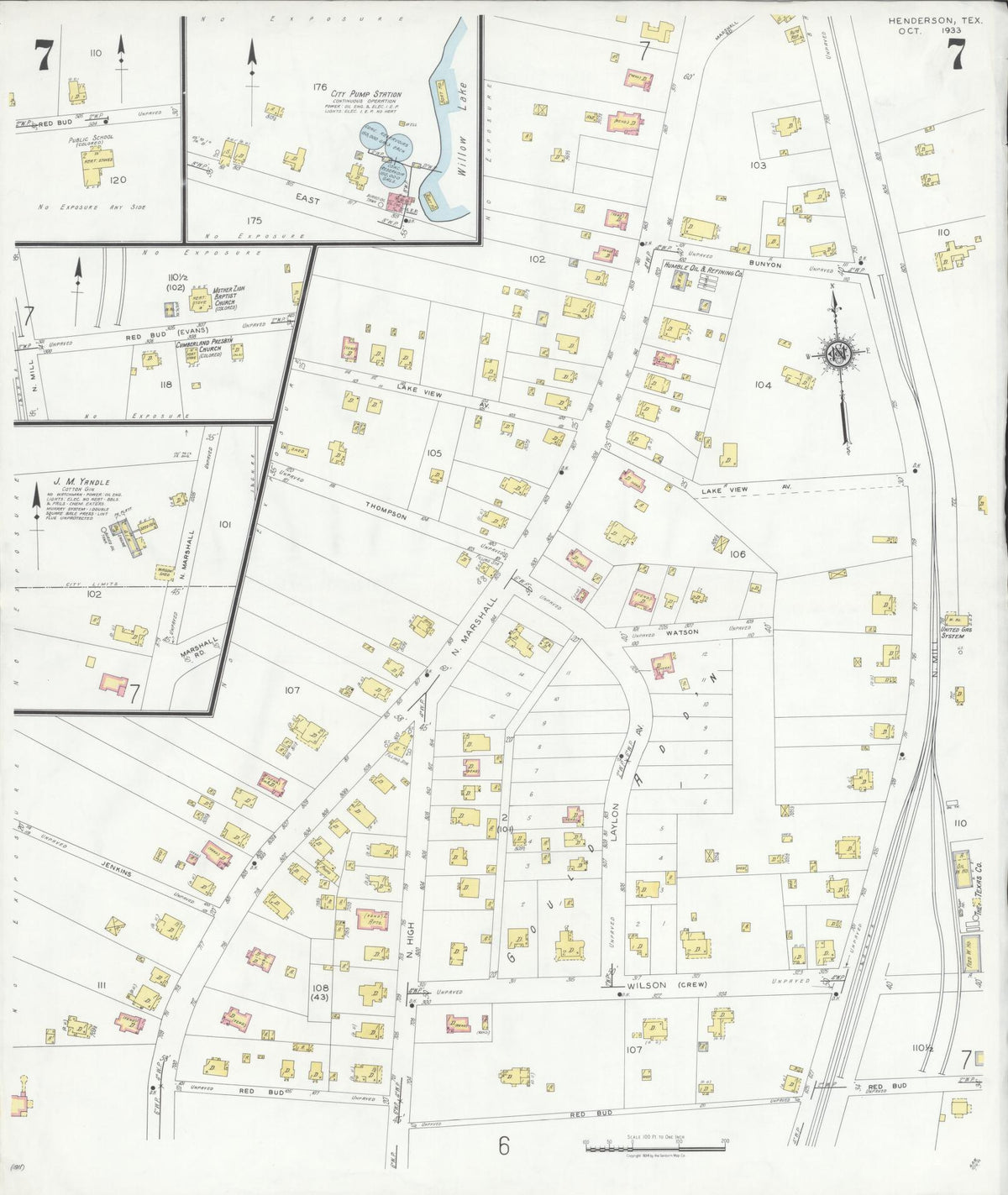 Sanborn Fire Insurance Map from Henderson, Rusk County, Texas (1933), Sheet #0007 - Historic Sanborn Fire Insurance Map Print, vintage old map wall art, antique decor, genealogy gift, Texas Texas map