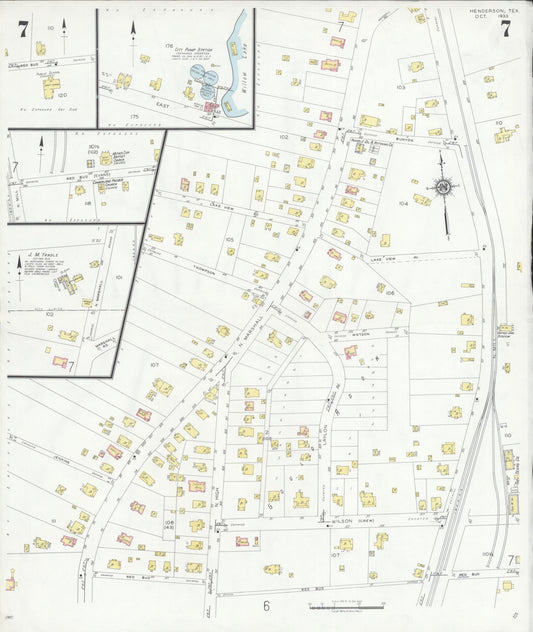 Sanborn Fire Insurance Map from Henderson, Rusk County, Texas (1933), Sheet #0007 - Historic Sanborn Fire Insurance Map Print, vintage old map wall art, antique decor, genealogy gift, Texas Texas map