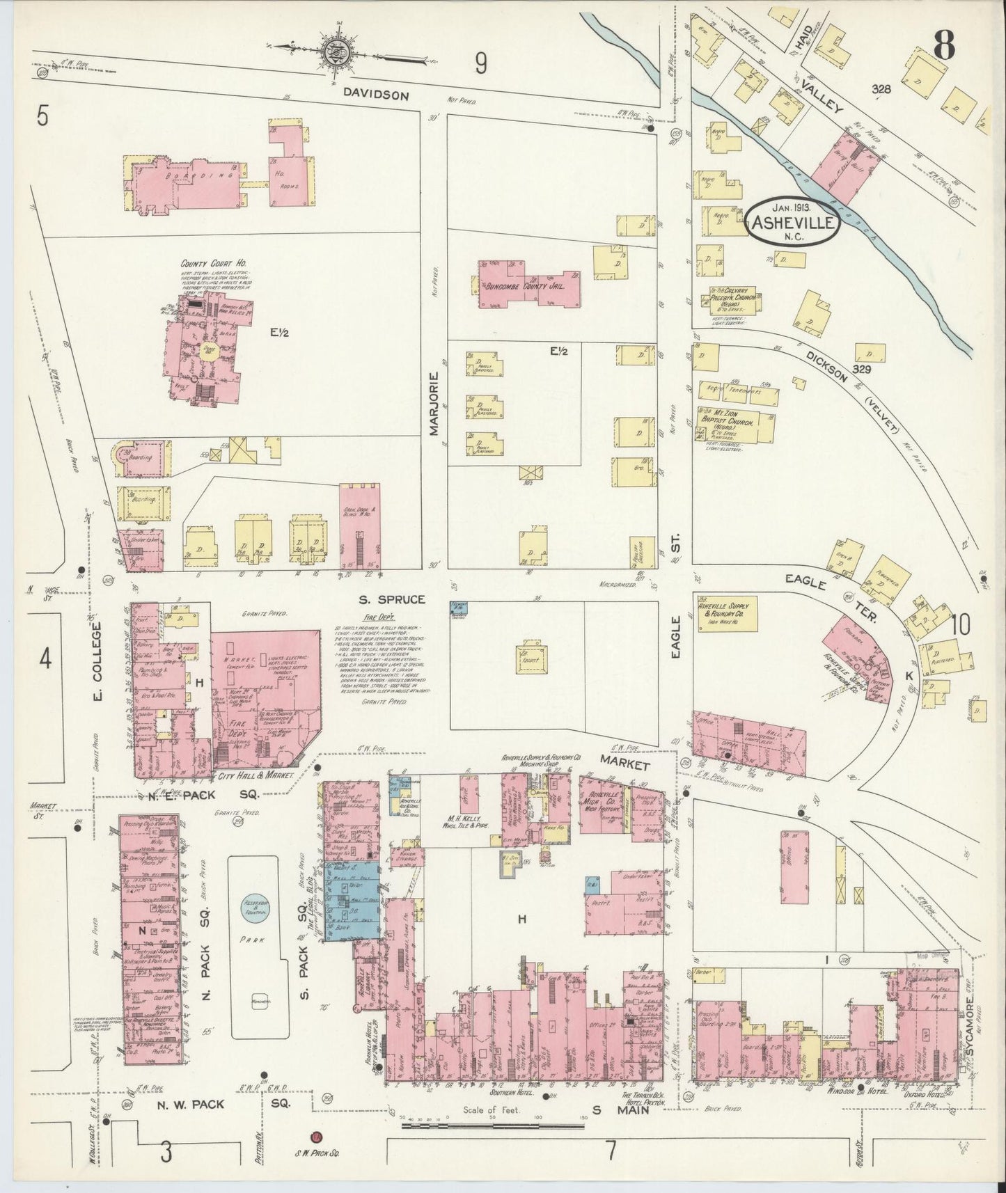 Sanborn Fire Insurance Map from Asheville, Buncombe County, North Carolina (1913), Sheet #0008 - Historic Sanborn Fire Insurance Map Print, vintage old map wall art, antique decor, genealogy gift, North Carolina North Carolina map