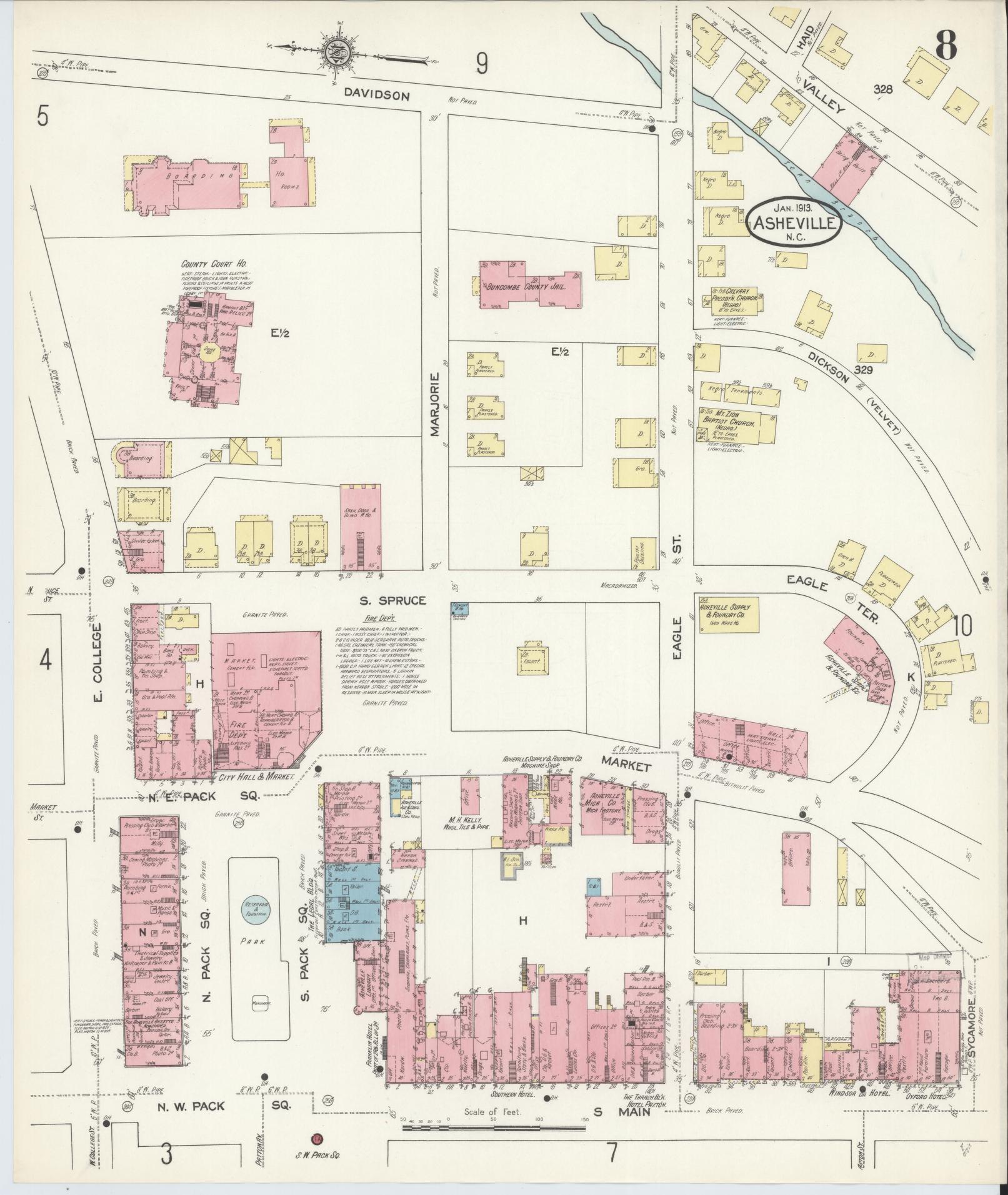 Sanborn Fire Insurance Map from Asheville, Buncombe County, North Carolina (1913), Sheet #0008 - Historic Sanborn Fire Insurance Map Print, vintage old map wall art, antique decor, genealogy gift, North Carolina North Carolina map